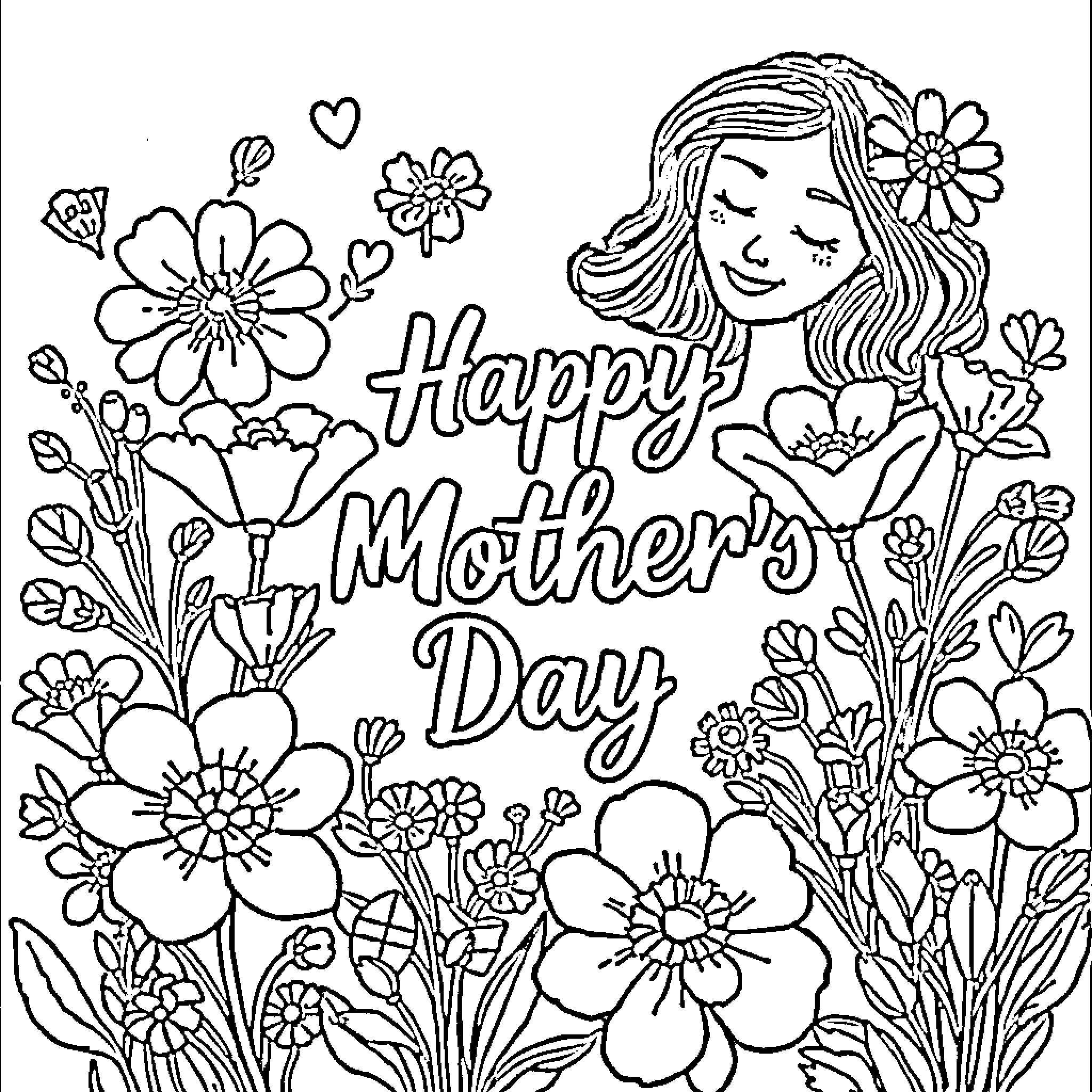 Mother's Day celebration with floral arrangement and smiling figure Coloring Page (free black-and-white line drawing printable PDF for all, from beginners to advanced learners, including children, teens, adults, and seniors)