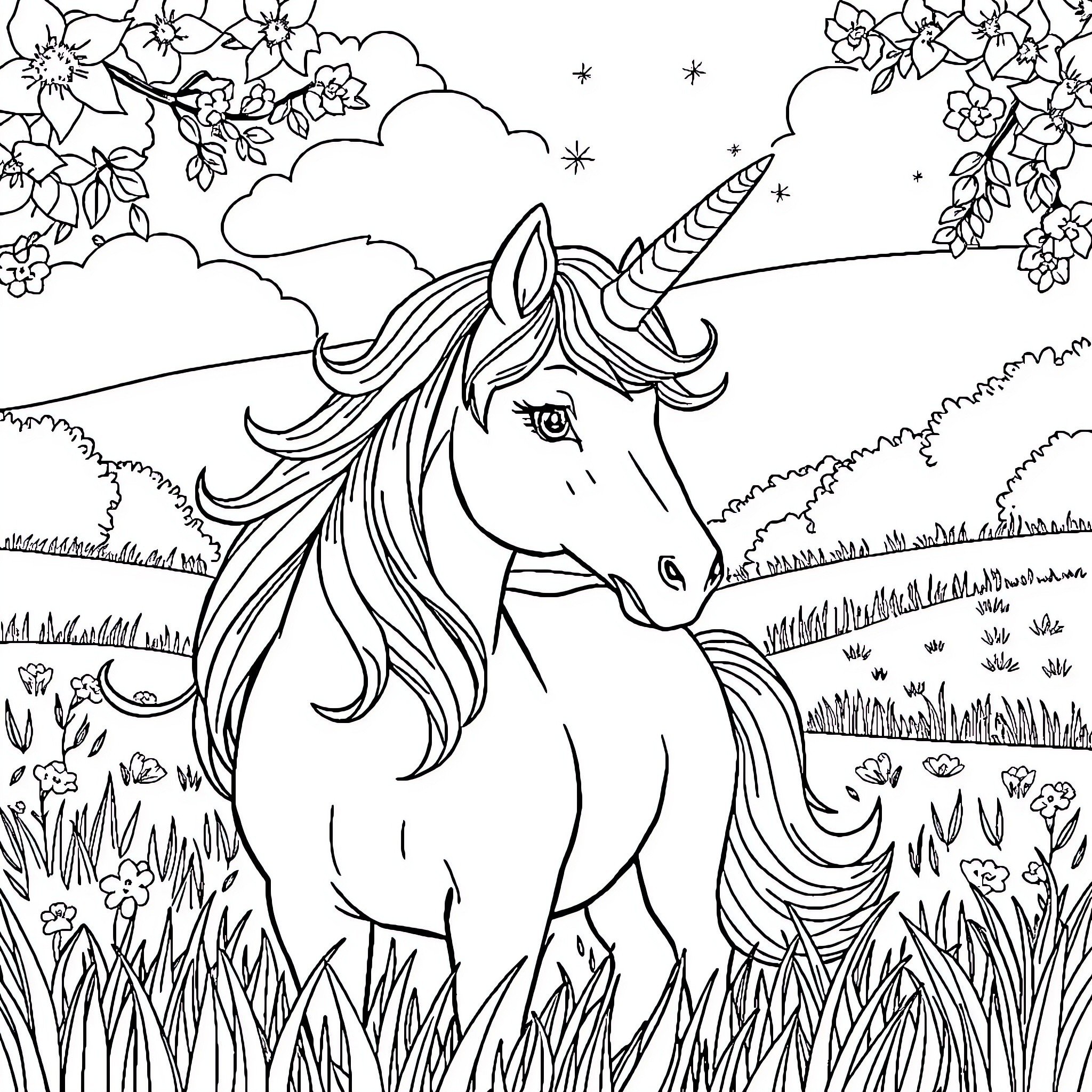 Unicorn standing in a magical meadow Coloring Page (free black-and-white line drawing printable PDF for all, from beginners to advanced learners, including children, teens, adults, and seniors)