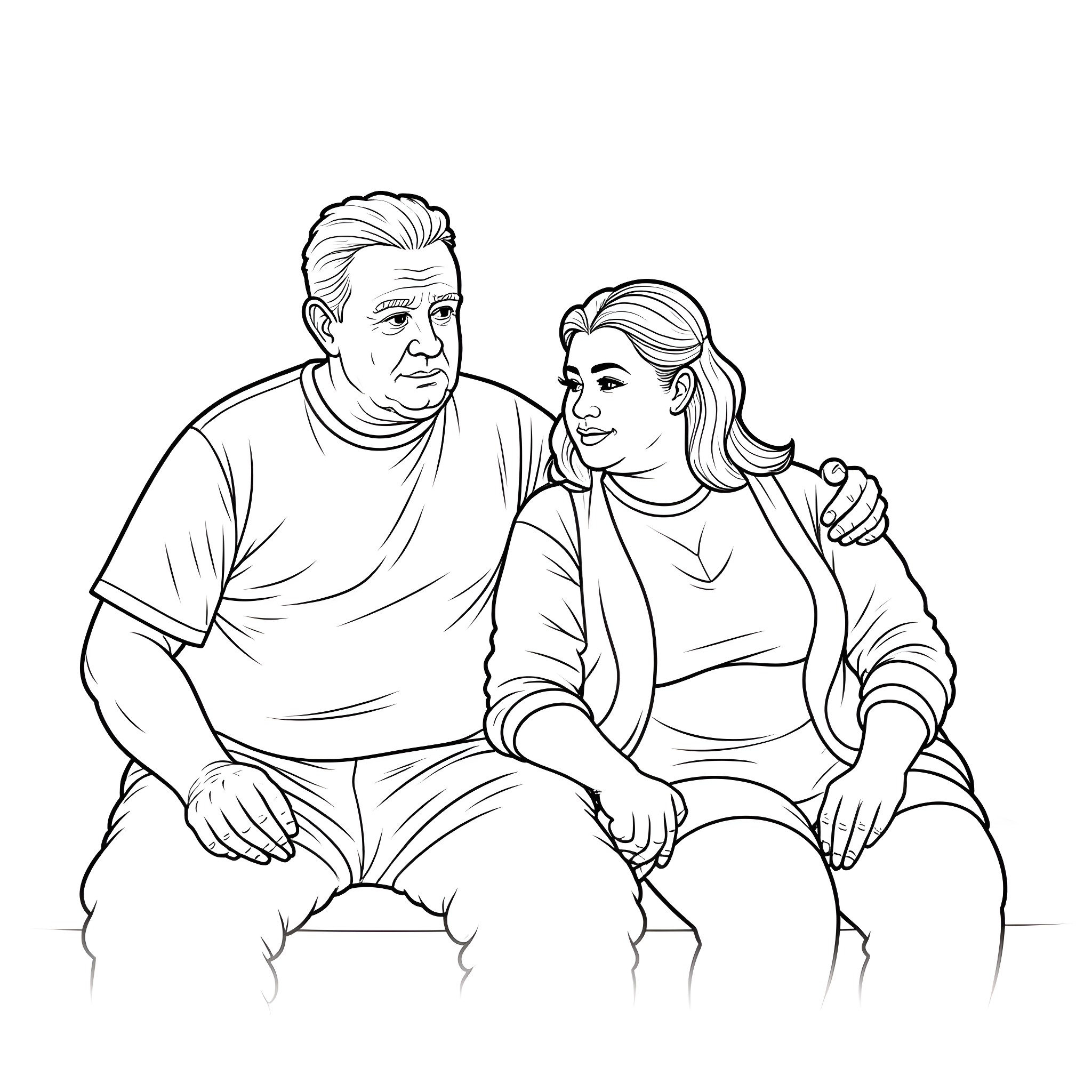 Man and woman sitting together affectionately Coloring Page (free black-and-white line drawing printable PDF for all, from beginners to advanced learners, including children, teens, adults, and seniors)