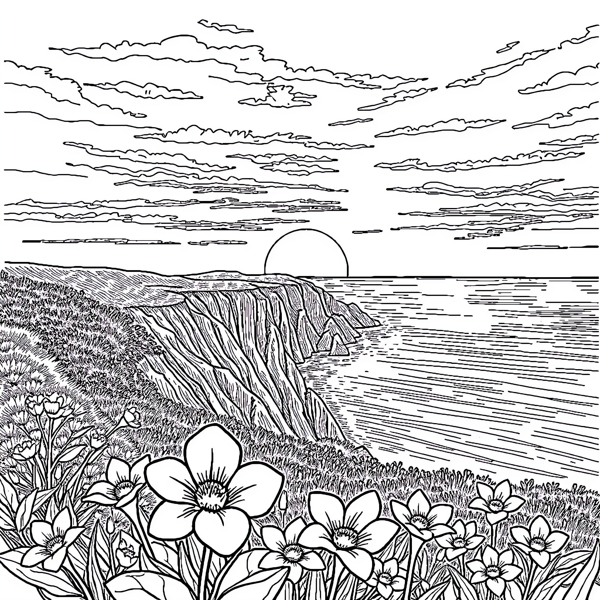 Flower Field at Sunset by the Cliff Coloring Page (free black-and-white line drawing printable PDF for all, from beginners to advanced learners, including children, teens, adults, and seniors)