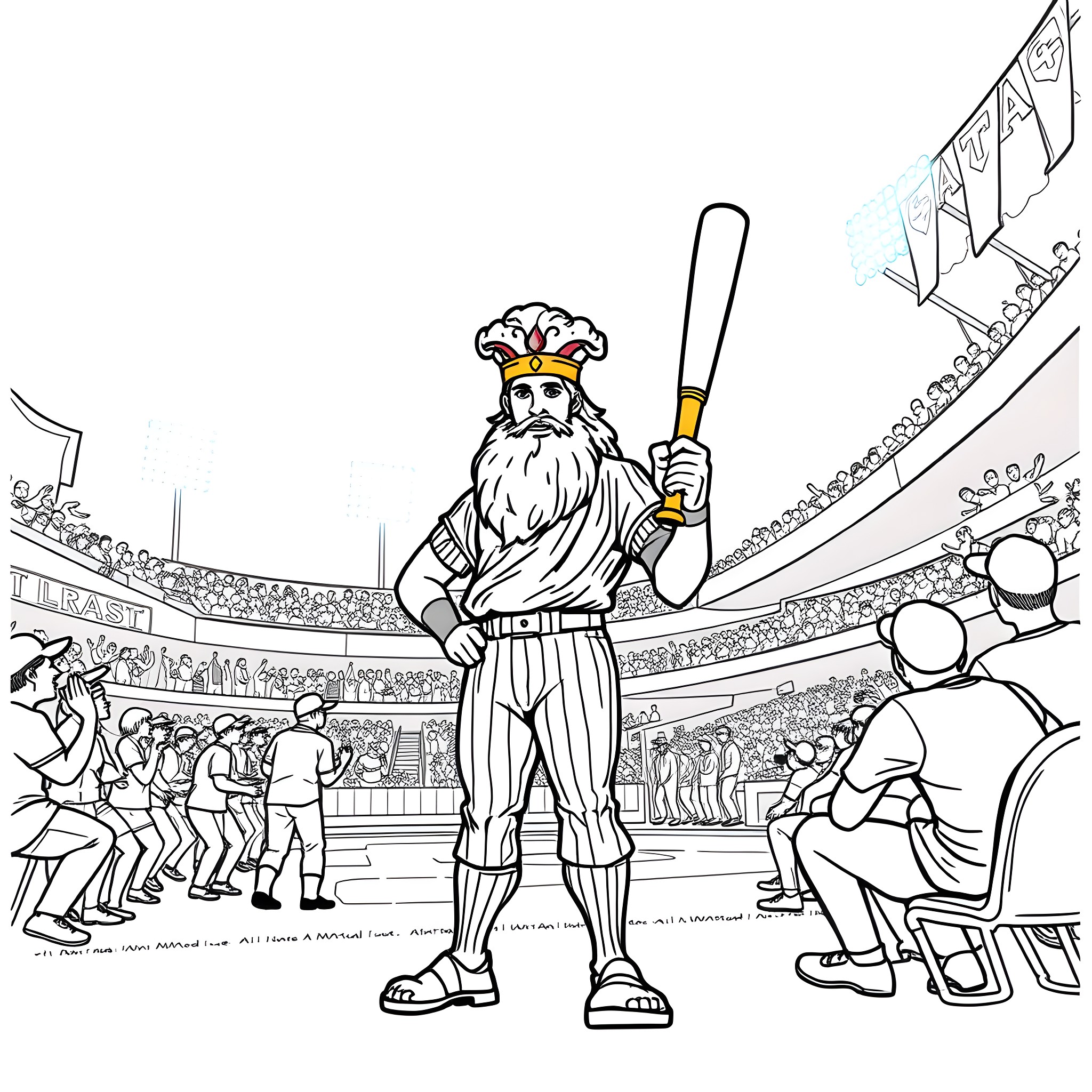 Midas the baseball player standing in the stadium Coloring Page (free black-and-white line drawing printable PDF for all, from beginners to advanced learners, including children, teens, adults, and seniors)