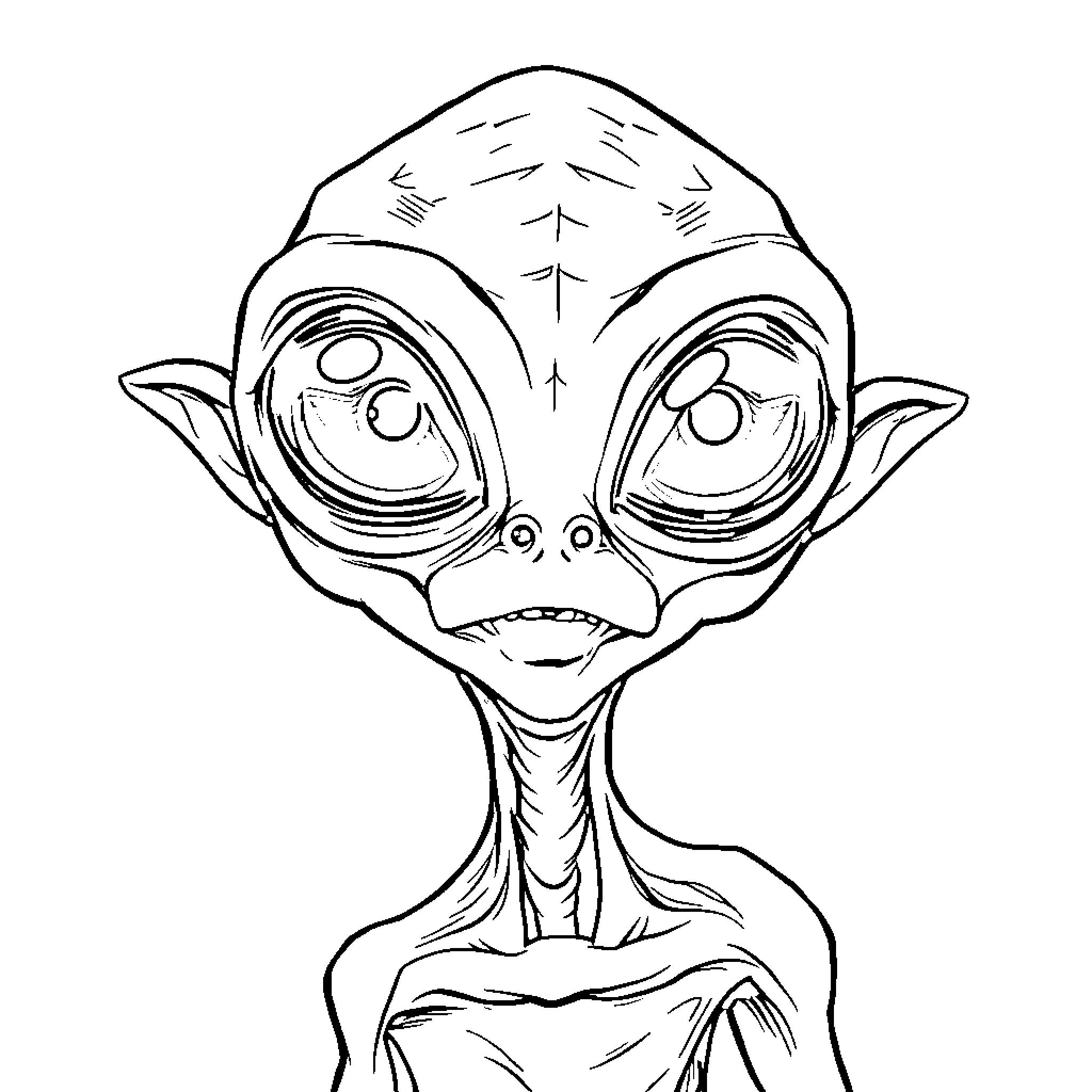 Alien with Exaggerated Facial Features Coloring Page (free black-and-white line drawing printable PDF for all, from beginners to advanced learners, including children, teens, adults, and seniors)