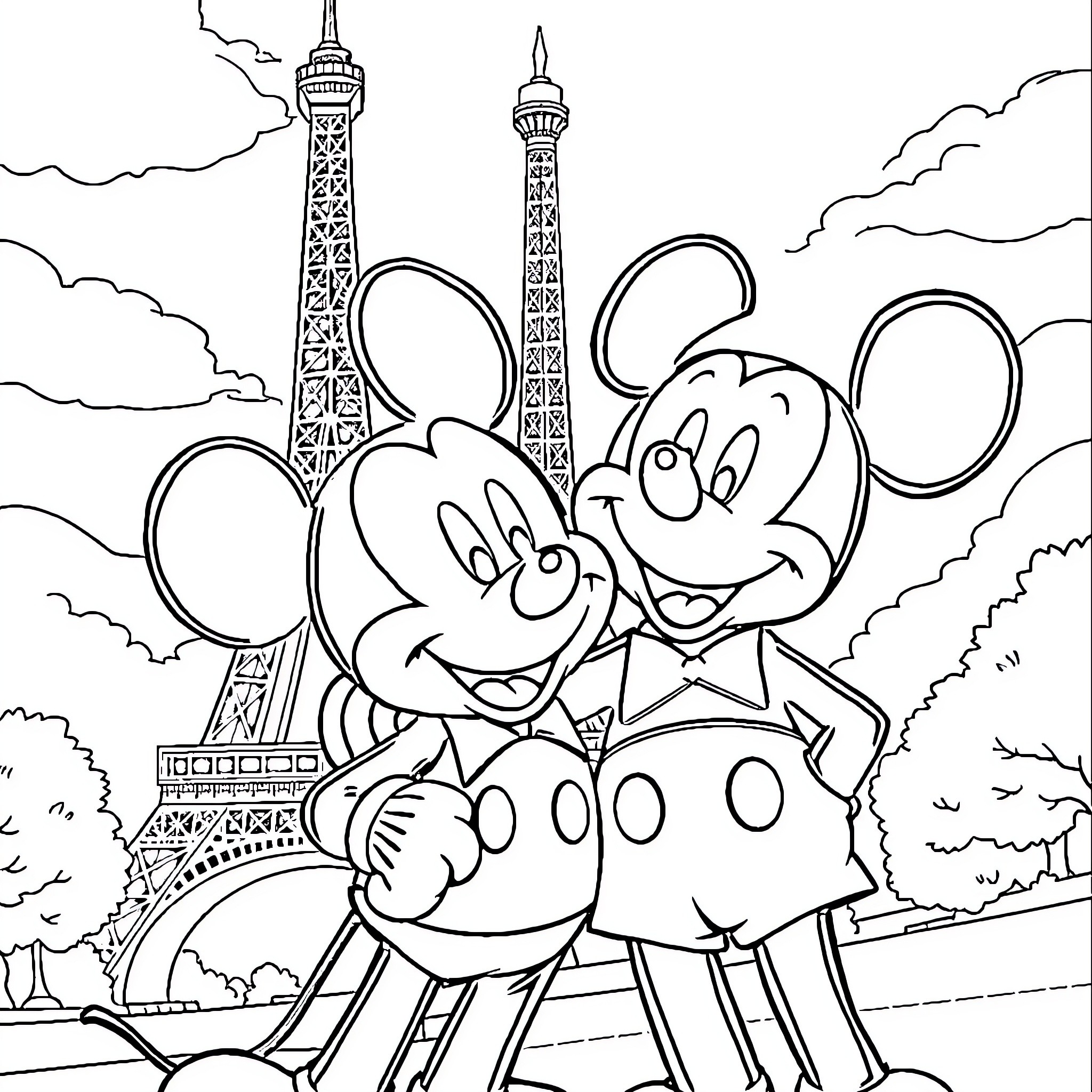 Mickey and Minnie explore the Eiffel Tower Coloring Page (free black-and-white line drawing printable PDF for all, from beginners to advanced learners, including children, teens, adults, and seniors)