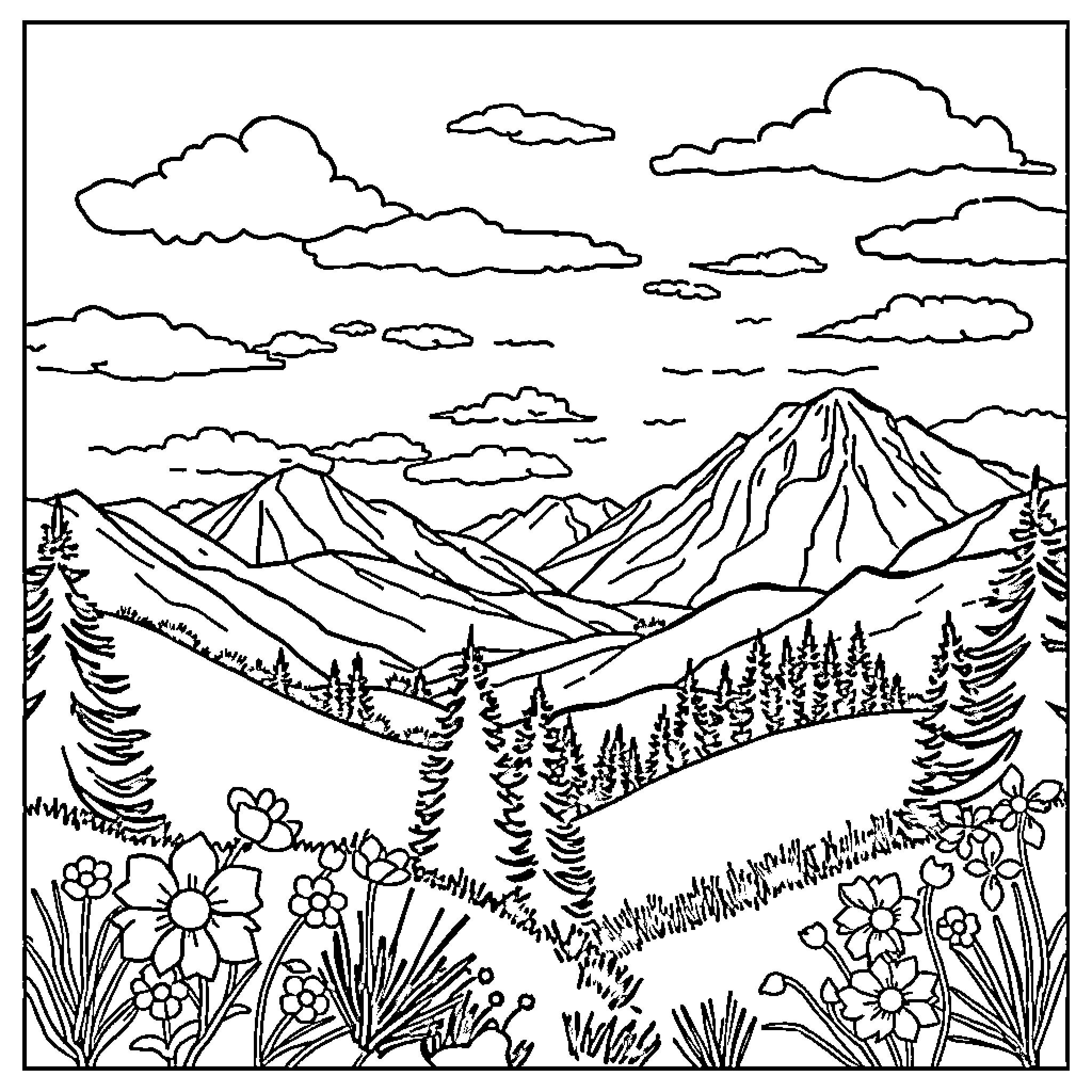 Drawing of a Mountainous Landscape with Flowers Coloring Page (free black-and-white line drawing printable PDF for all, from beginners to advanced learners, including children, teens, adults, and seniors)