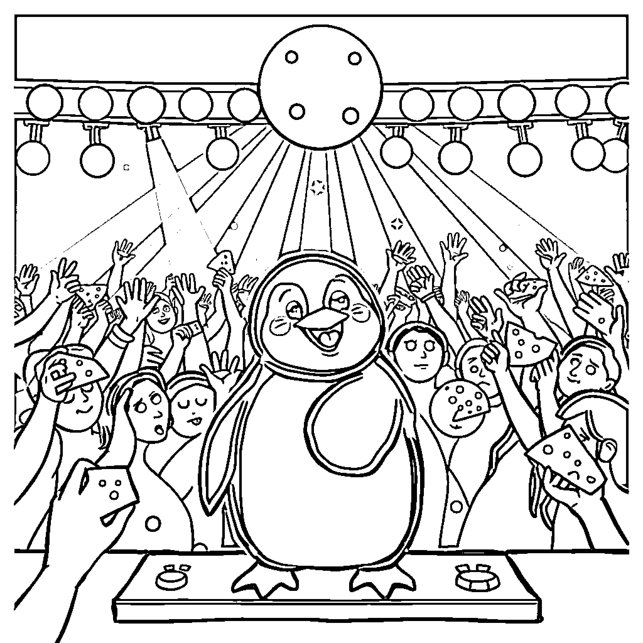 Penguin performing on a stage with cheering crowd Coloring Page (free black-and-white line drawing printable PDF for all, from beginners to advanced learners, including children, teens, adults, and seniors)