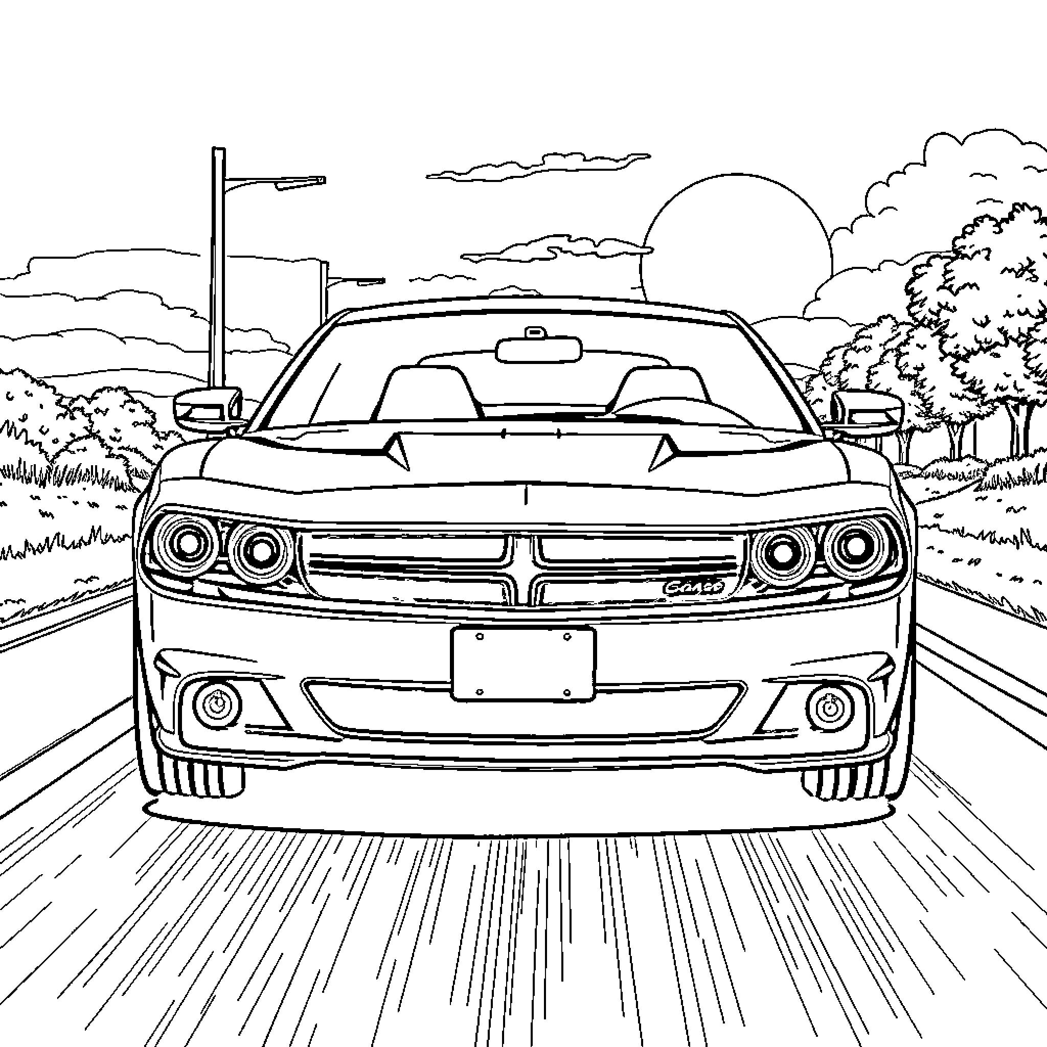 Dodge Charger speeding down a scenic road Coloring Page (free black-and-white line drawing printable PDF for all, from beginners to advanced learners, including children, teens, adults, and seniors)
