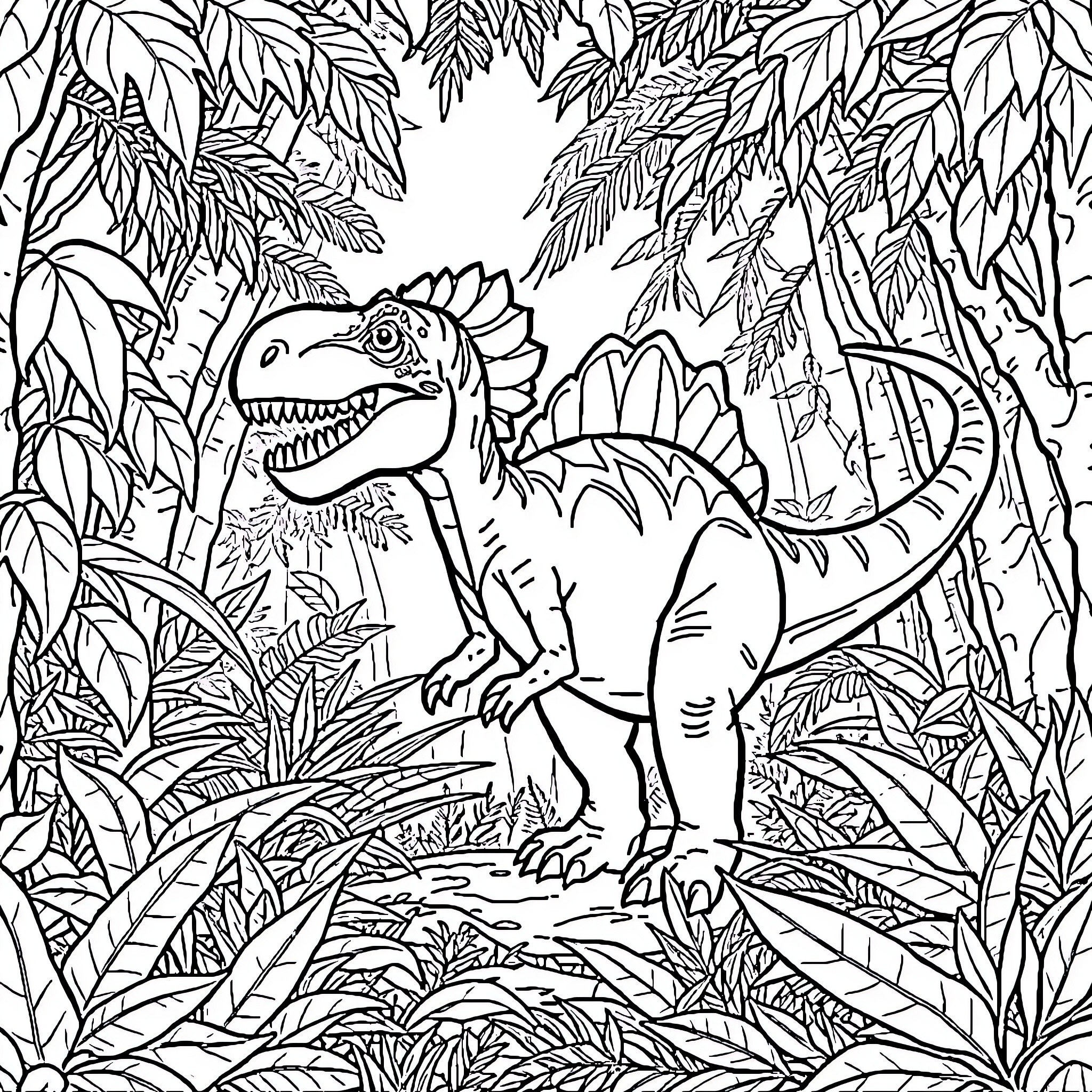 Dinosaur stomping through the lush jungle Coloring Page (free black-and-white line drawing printable PDF for all, from beginners to advanced learners, including children, teens, adults, and seniors)