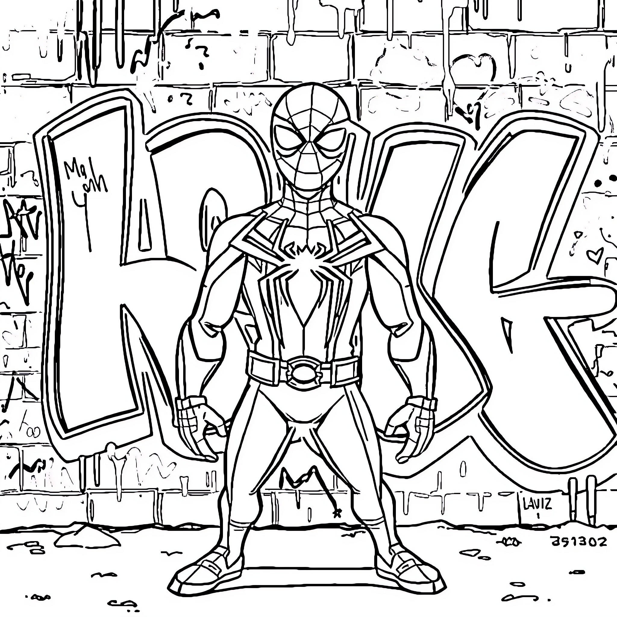 Miles Morales in Heroic Pose in Graffiti-Filled Alley Coloring Page (free black-and-white line drawing printable PDF for all, from beginners to advanced learners, including children, teens, adults, and seniors)