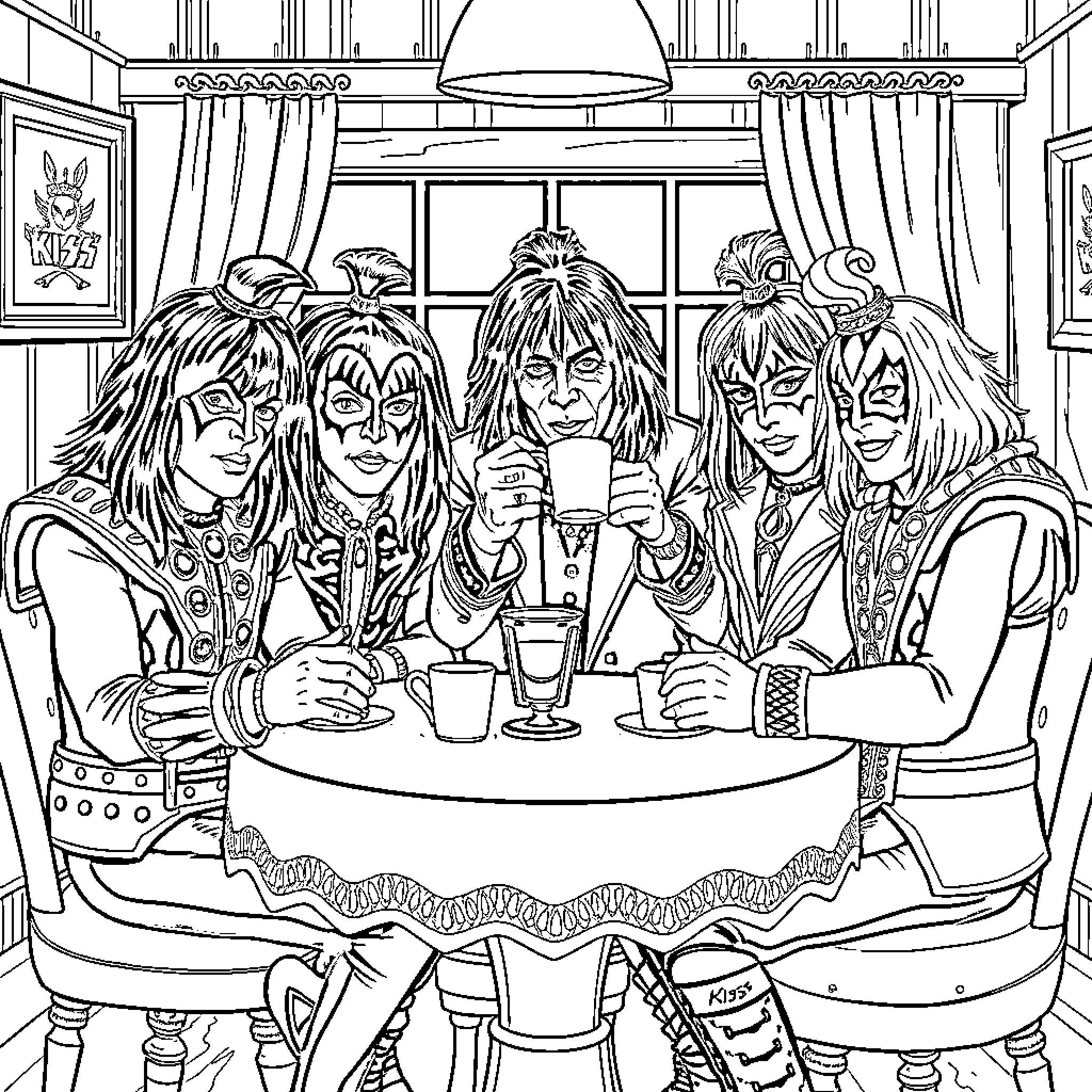 Alice Cooper and his band enjoying drinks in an upscale lounge Coloring Page (free black-and-white line drawing printable PDF for all, from beginners to advanced learners, including children, teens, adults, and seniors)