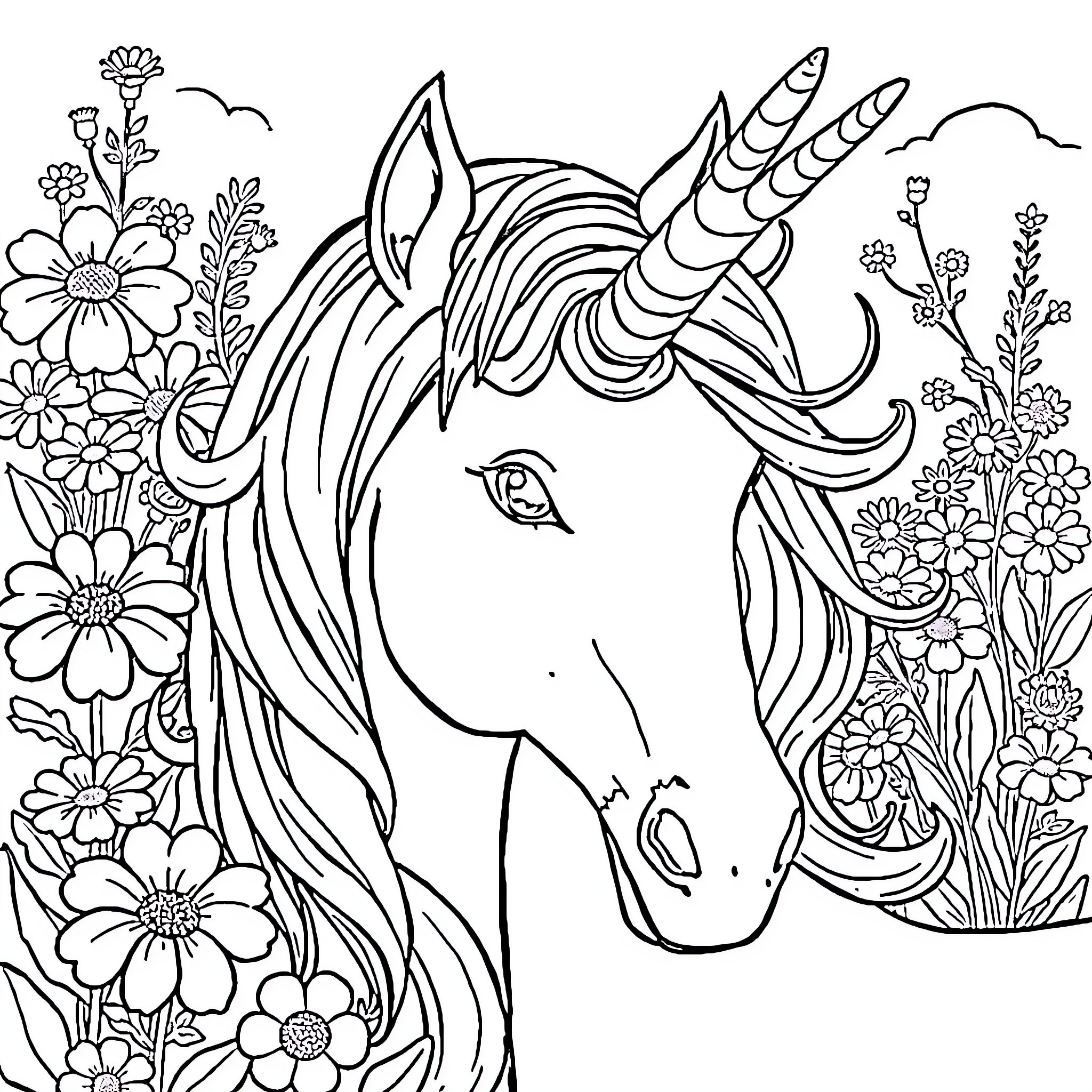 Unicorn among Vibrant Floral Blooms Coloring Page (free black-and-white line drawing printable PDF for all, from beginners to advanced learners, including children, teens, adults, and seniors)