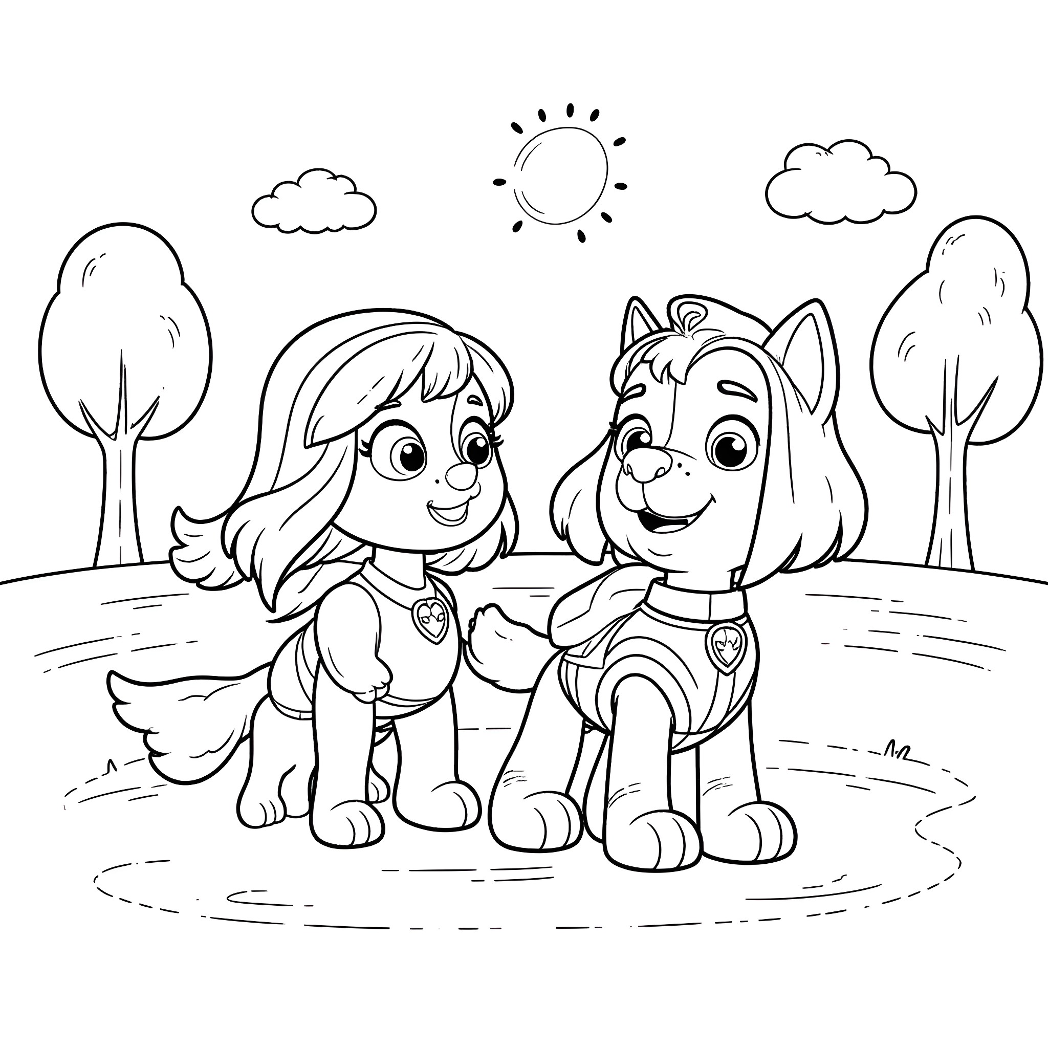 Marshall and Friends Explore the Outdoors Coloring Page (free black-and-white line drawing printable PDF for all, from beginners to advanced learners, including children, teens, adults, and seniors)