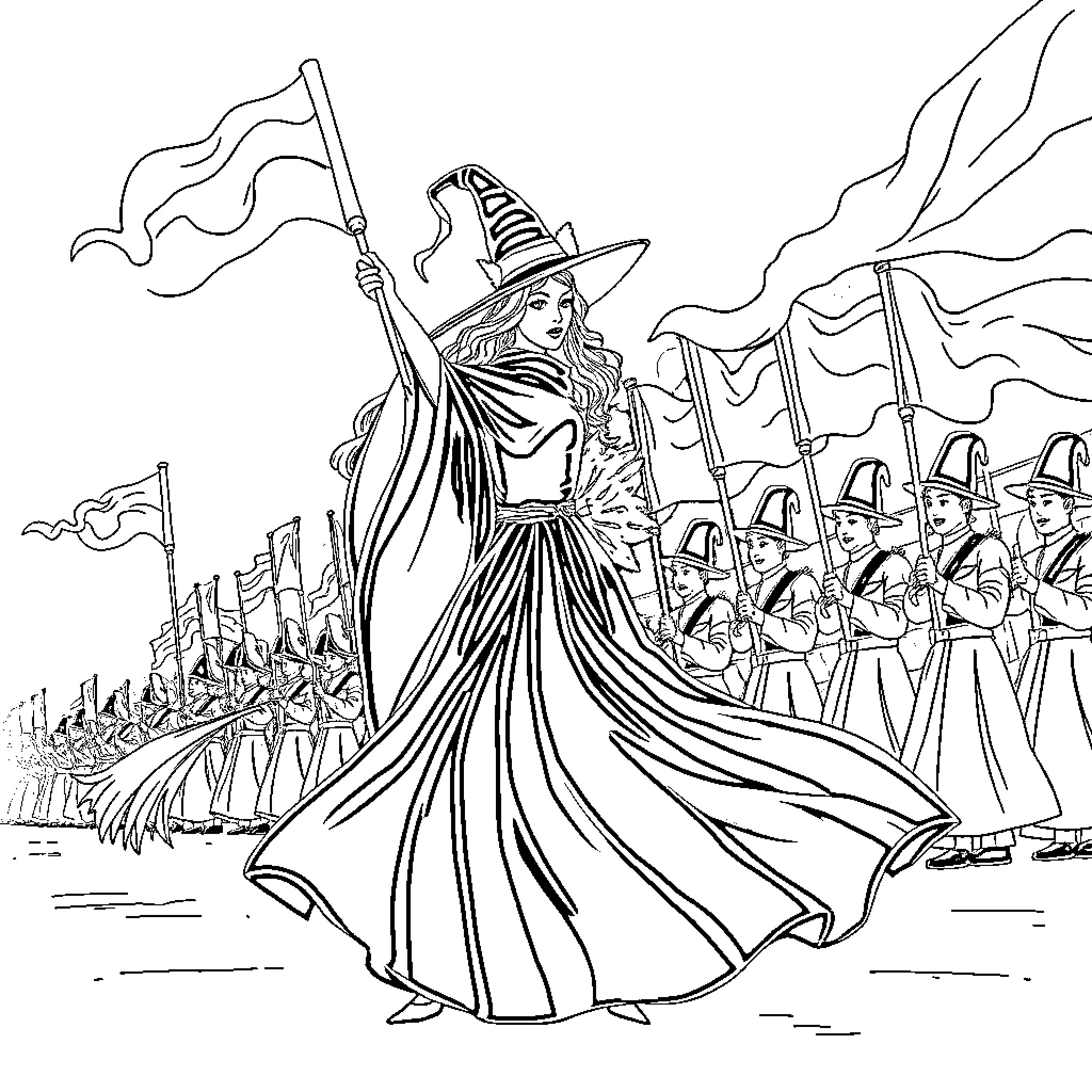Witch leading an army with banners in battle Coloring Page (free black-and-white line drawing printable PDF for all, from beginners to advanced learners, including children, teens, adults, and seniors)