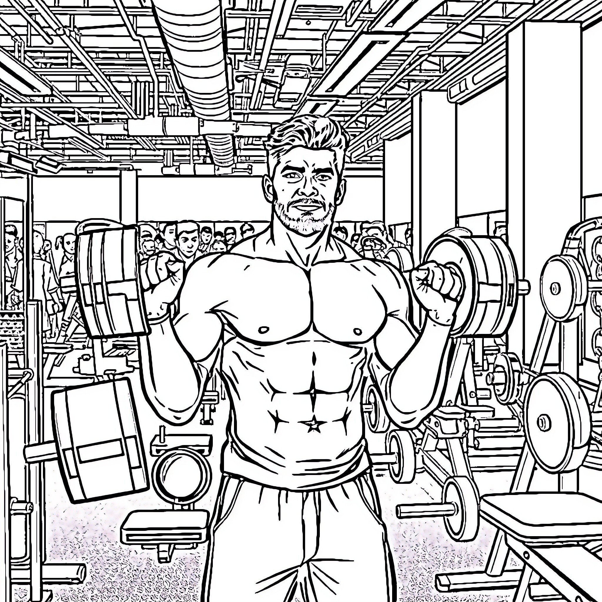 Man lifting weights in a fitness gym Coloring Page (free black-and-white line drawing printable PDF for all, from beginners to advanced learners, including children, teens, adults, and seniors)