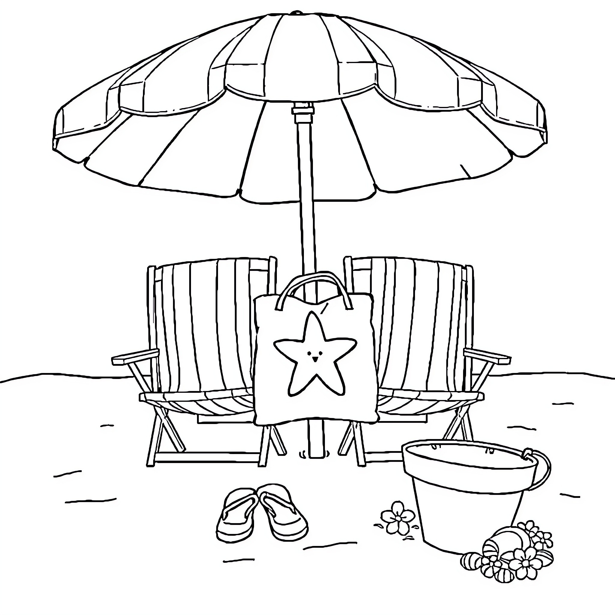 Umbrella and beach chairs on a sunny day Coloring Page (free black-and-white line drawing printable PDF for all, from beginners to advanced learners, including children, teens, adults, and seniors)