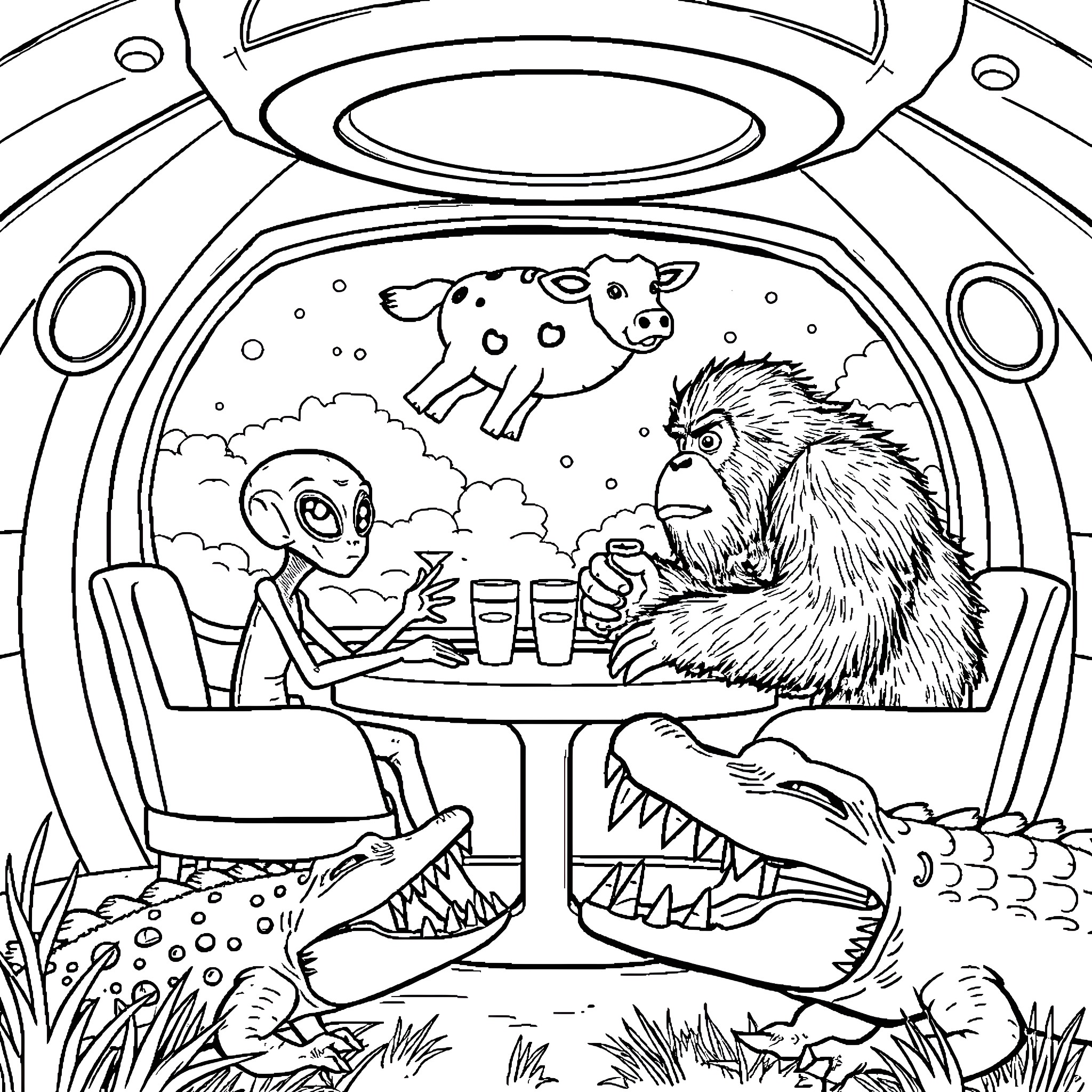 Alien Creatures Dining in Futuristic Spaceship Coloring Page (free black-and-white line drawing printable PDF for all, from beginners to advanced learners, including children, teens, adults, and seniors)