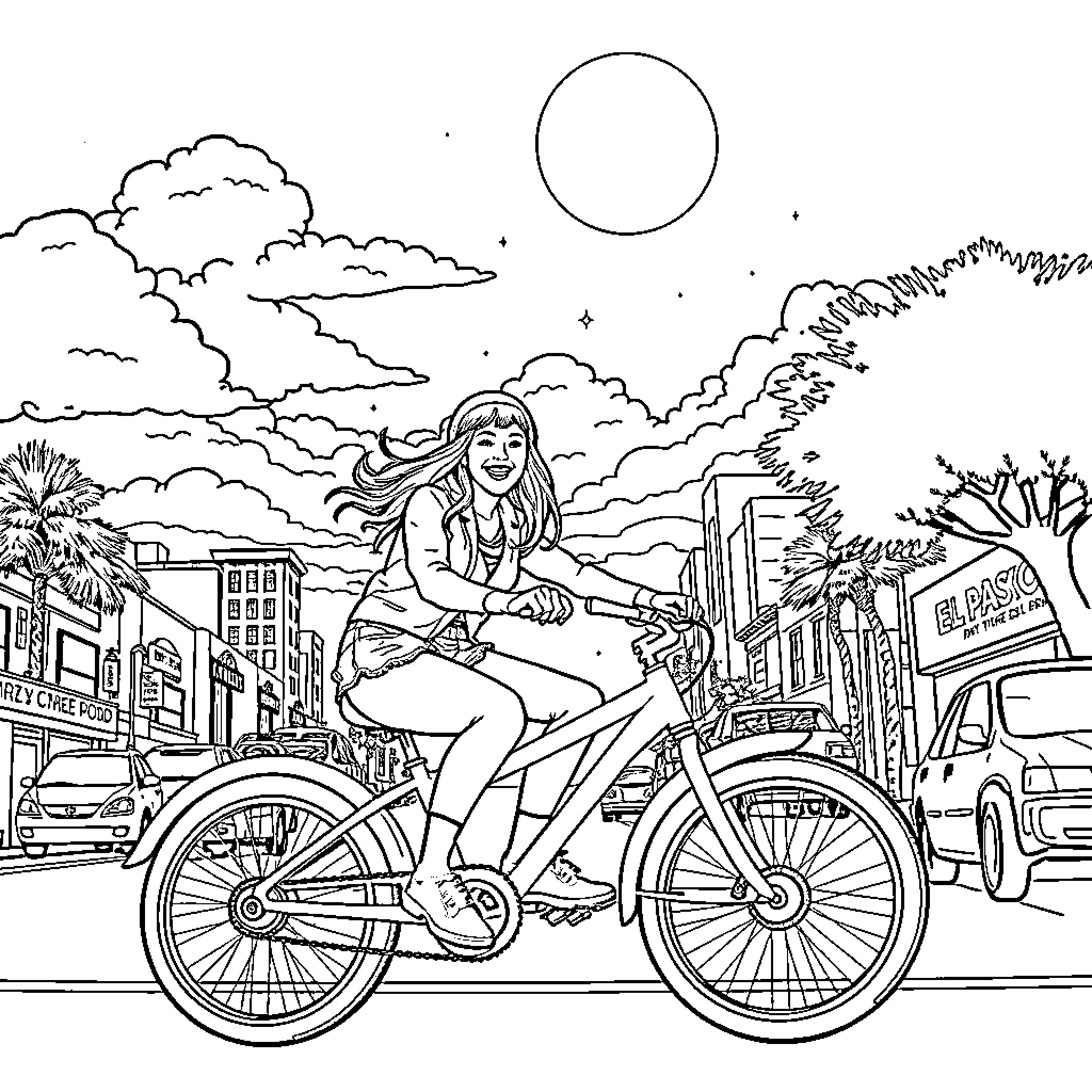 Billie Eilish riding a bicycle through the city Coloring Page (free black-and-white line drawing printable PDF for all, from beginners to advanced learners, including children, teens, adults, and seniors)