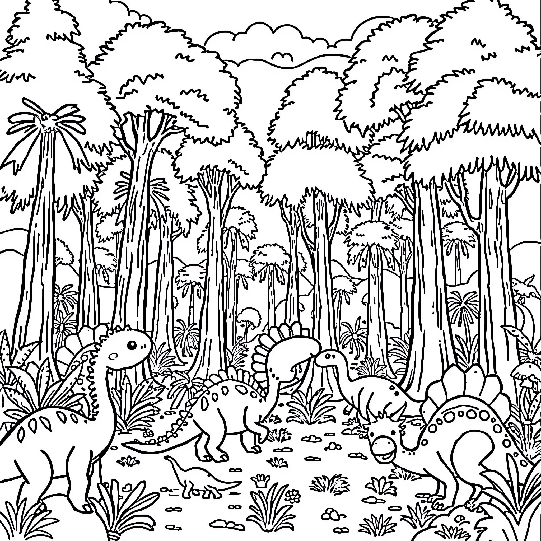 Tree Dinosaurs Roaming in the Lush Forest Coloring Page (free black-and-white line drawing printable PDF for all, from beginners to advanced learners, including children, teens, adults, and seniors)