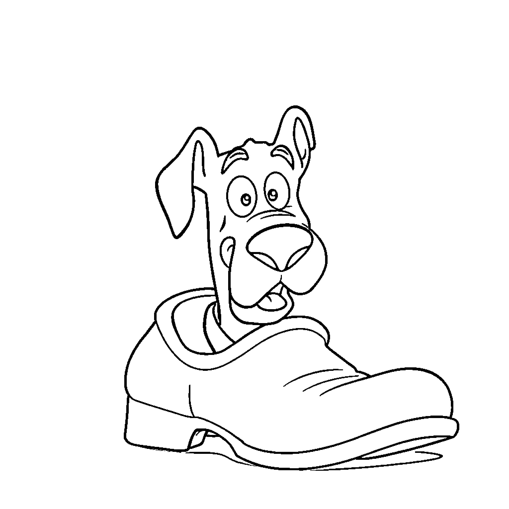 Scooby Doo Wearing a Large Shoe Coloring Page (free black-and-white line drawing printable PDF for all, from beginners to advanced learners, including children, teens, adults, and seniors)