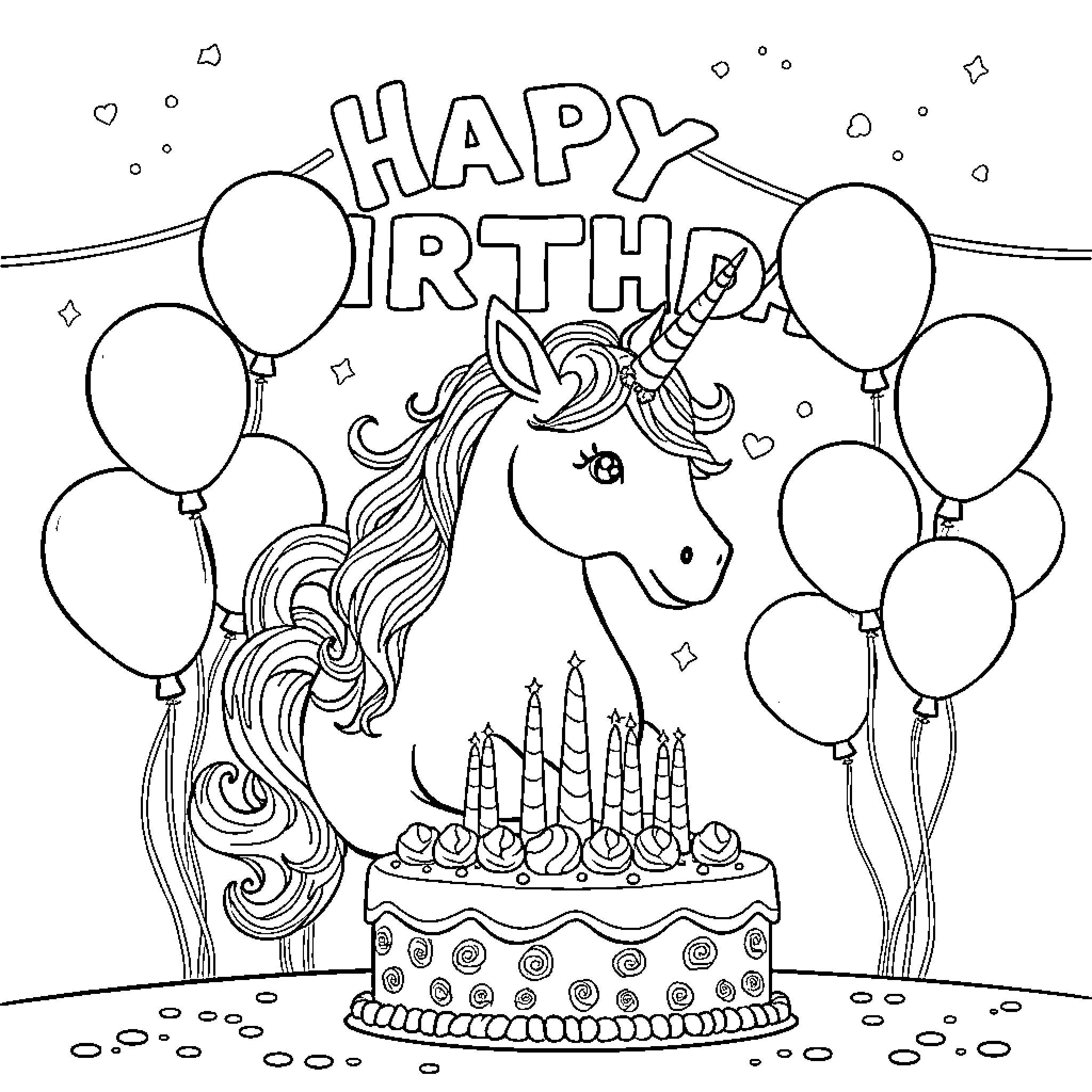 Unicorn celebrates a joyous birthday with cake and balloons Coloring Page (free black-and-white line drawing printable PDF for all, from beginners to advanced learners, including children, teens, adults, and seniors)
