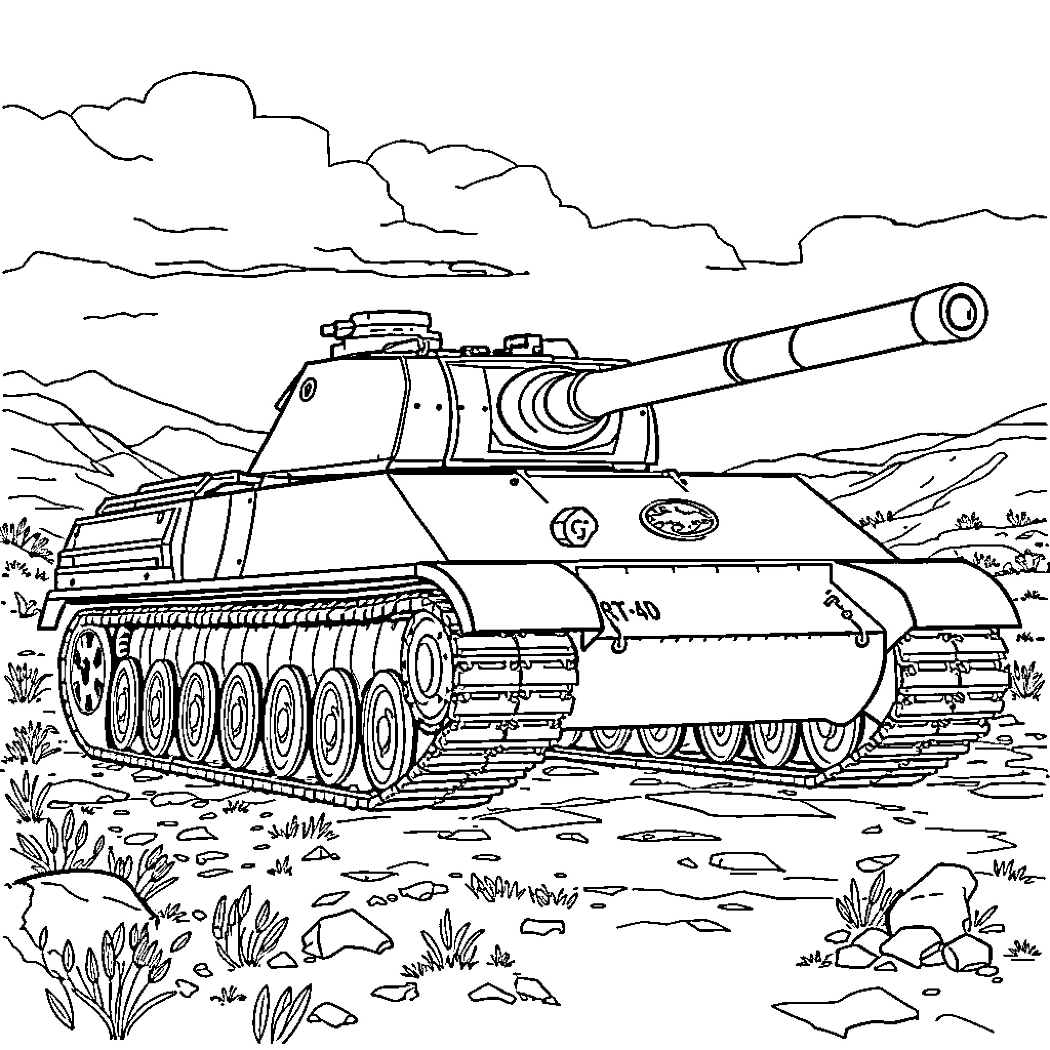 Panzer tank in combat ready stance on the battlefield Coloring Page (free black-and-white line drawing printable PDF for all, from beginners to advanced learners, including children, teens, adults, and seniors)