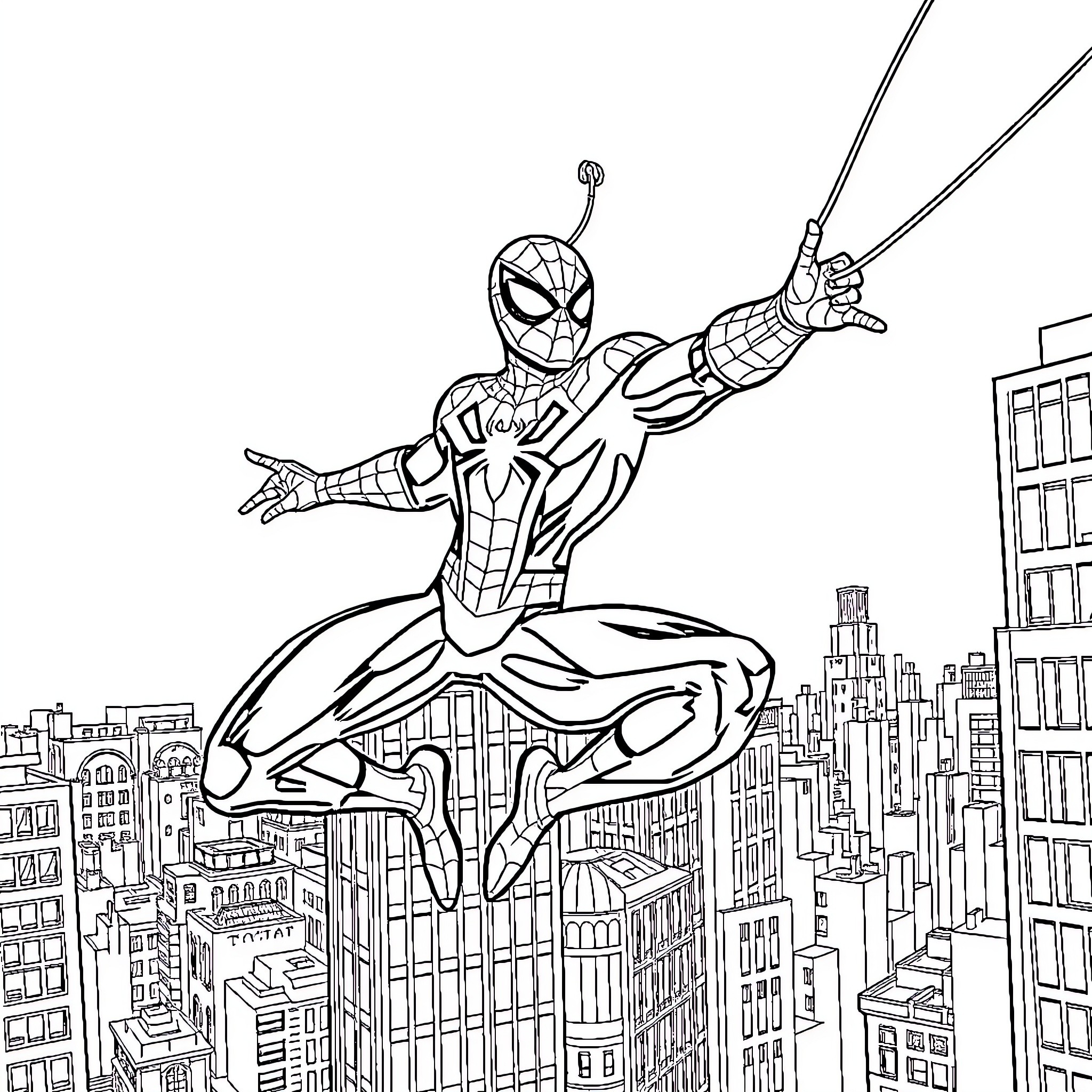 Spiderman swinging through the city skyline Coloring Page (free black-and-white line drawing printable PDF for all, from beginners to advanced learners, including children, teens, adults, and seniors)