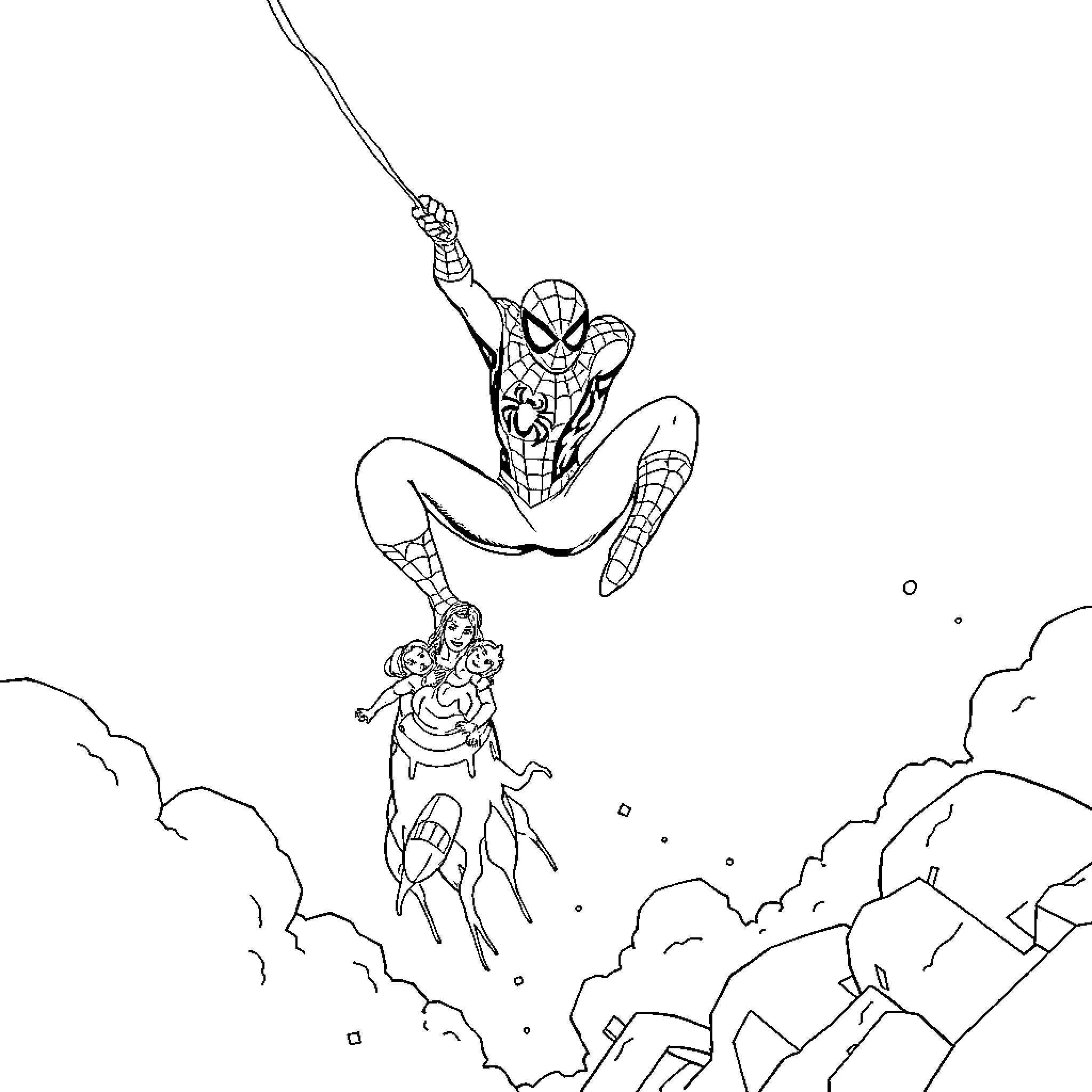 Spiderman swinging through the city to rescue a person Coloring Page (free black-and-white line drawing printable PDF for all, from beginners to advanced learners, including children, teens, adults, and seniors)