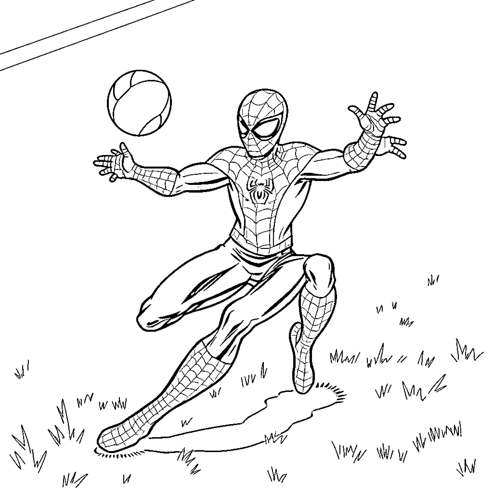 Spiderman swinging through the city in action pose Coloring Page (free black-and-white line drawing printable PDF for all, from beginners to advanced learners, including children, teens, adults, and seniors)