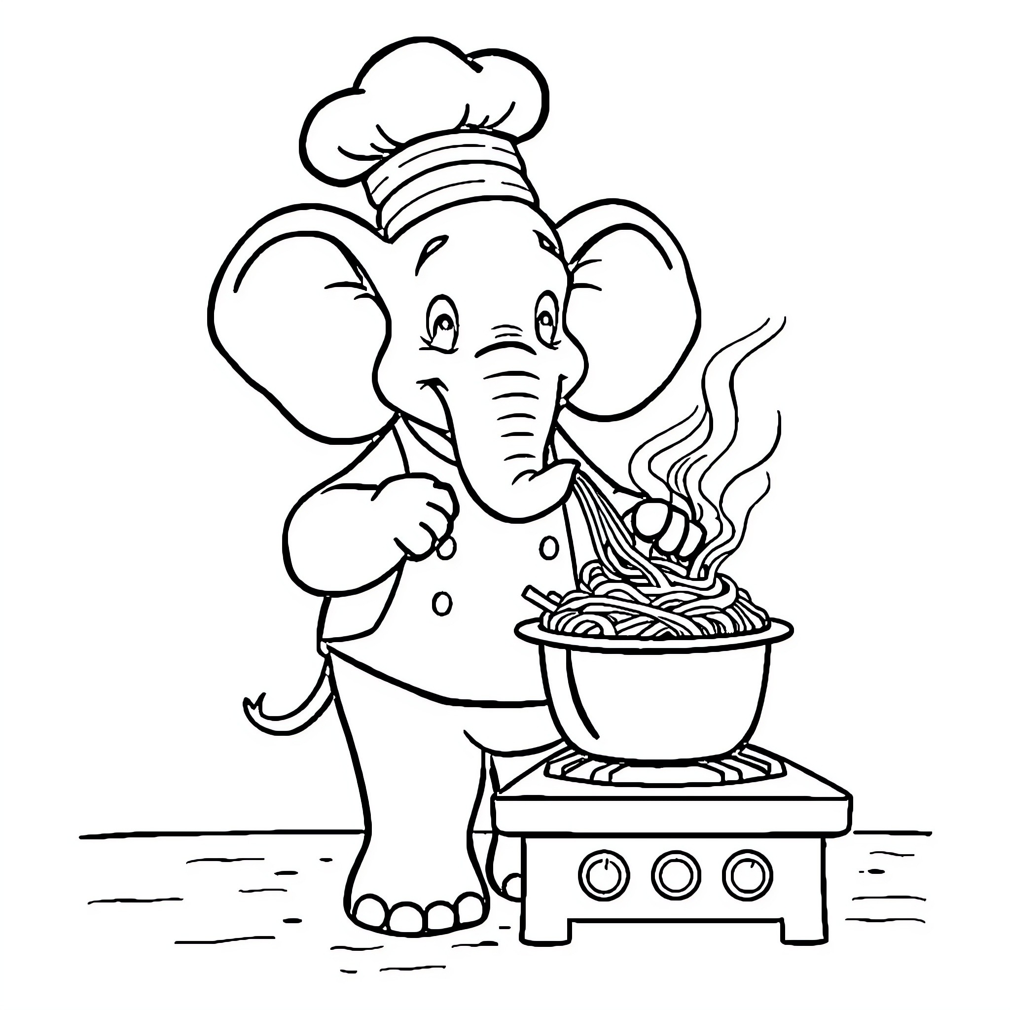 Elephant chef cooking delicious meal Coloring Page (free black-and-white line drawing printable PDF for all, from beginners to advanced learners, including children, teens, adults, and seniors)
