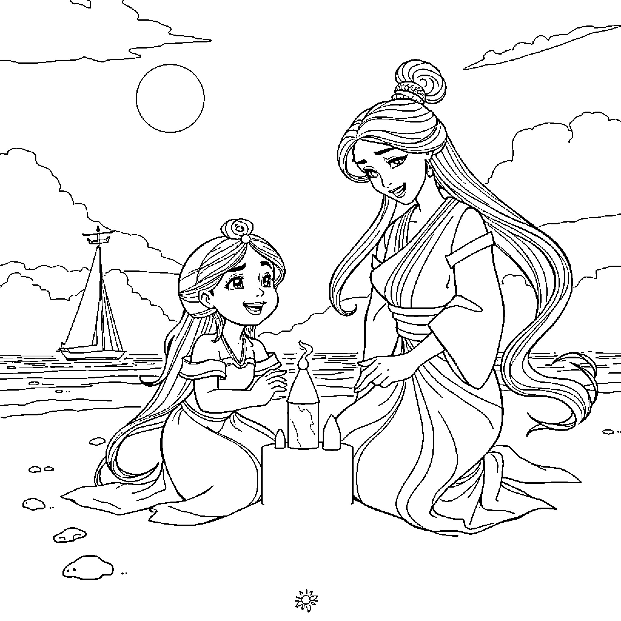 Mermaid mother and daughter enjoying the seaside Coloring Page (free black-and-white line drawing printable PDF for all, from beginners to advanced learners, including children, teens, adults, and seniors)