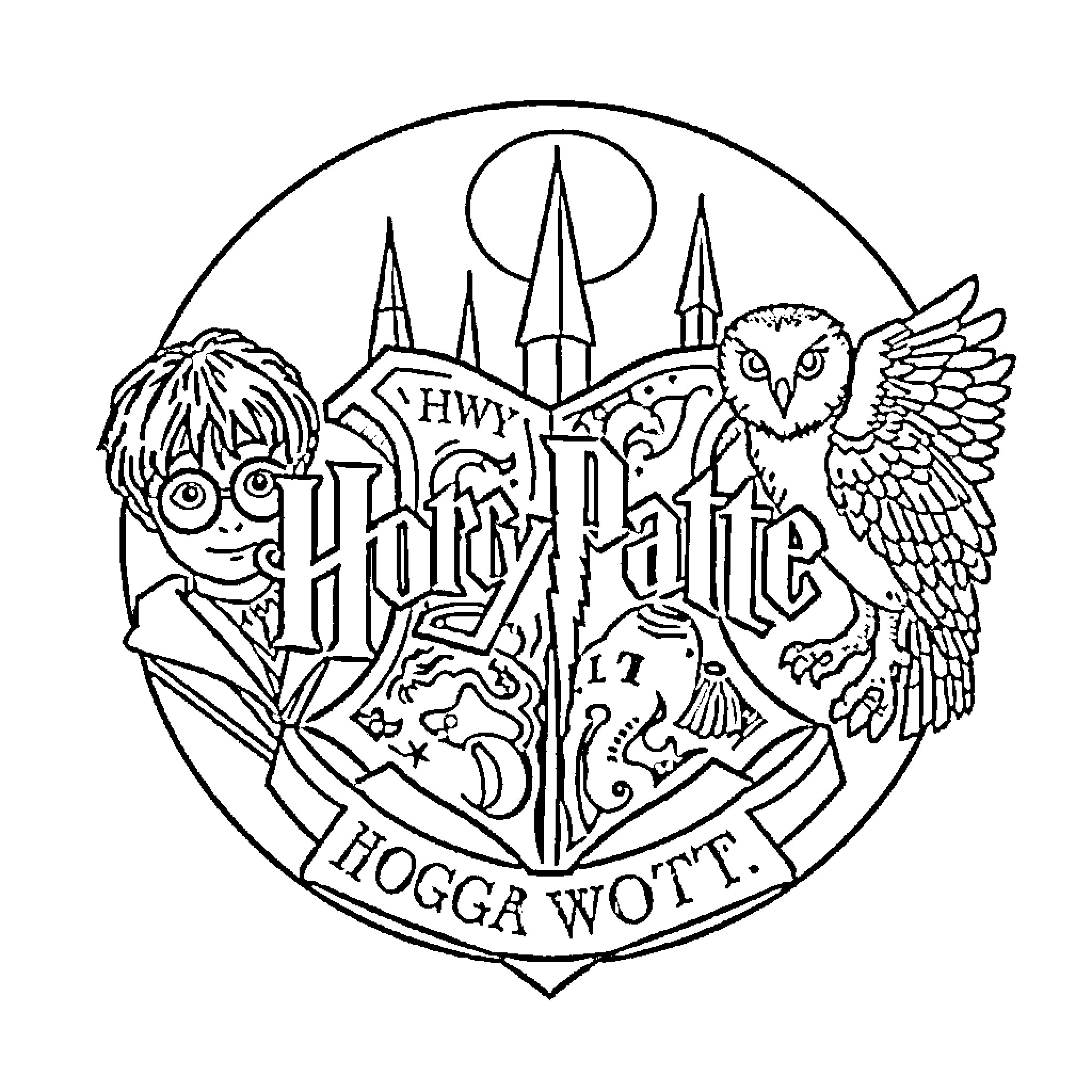 Hogwarts Crest with Magical Elements Coloring Page (free black-and-white line drawing printable PDF for all, from beginners to advanced learners, including children, teens, adults, and seniors)