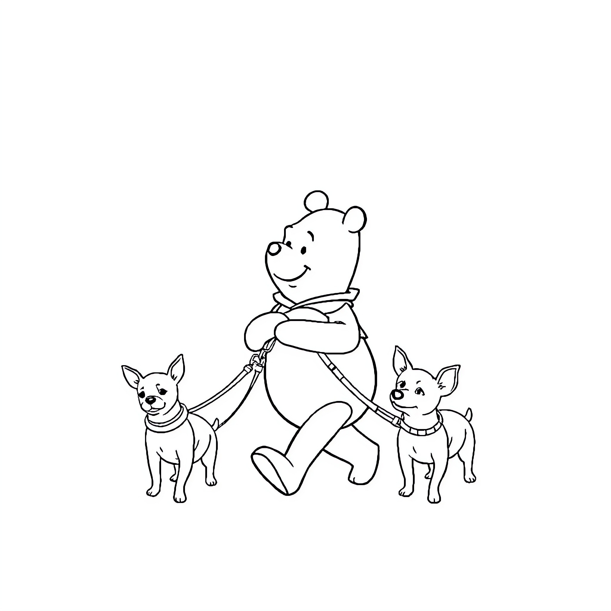 Winnie The Pooh walking with two chihuahuas Coloring Page (free black-and-white line drawing printable PDF for all, from beginners to advanced learners, including children, teens, adults, and seniors)