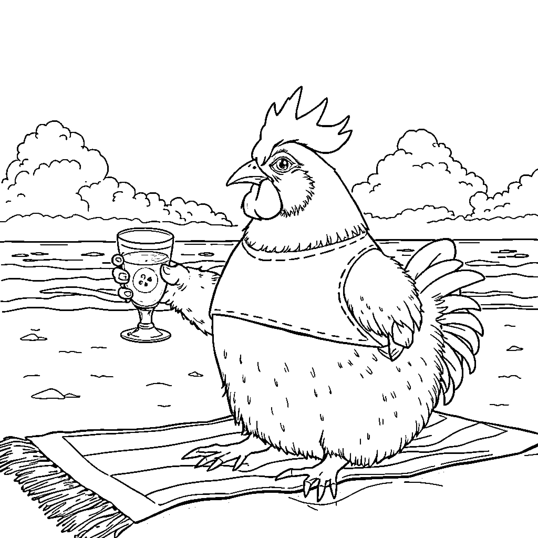 Cochon: Cheerful Chicken's Coastal Celebration Coloring Page (free black-and-white line drawing printable PDF for all, from beginners to advanced learners, including children, teens, adults, and seniors)