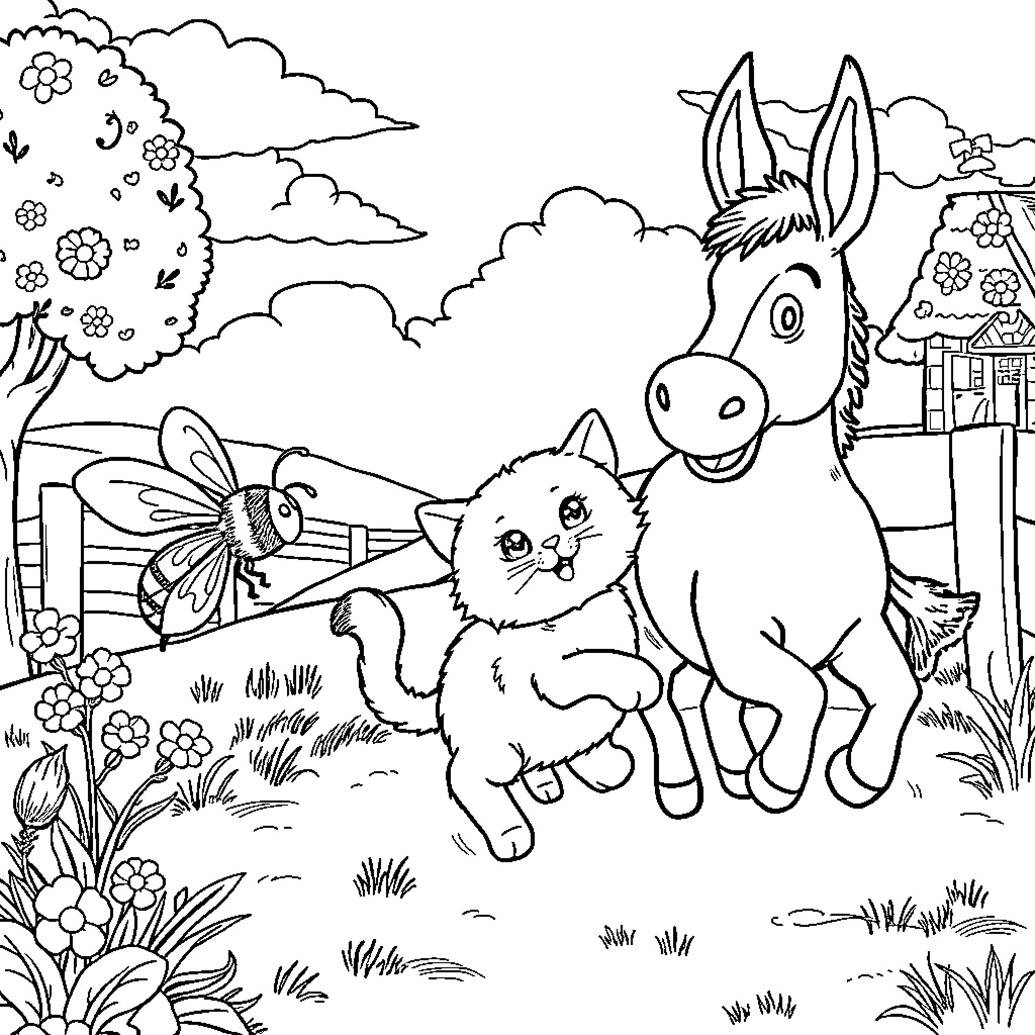 Bee and friends explore the countryside Coloring Page (free black-and-white line drawing printable PDF for all, from beginners to advanced learners, including children, teens, adults, and seniors)