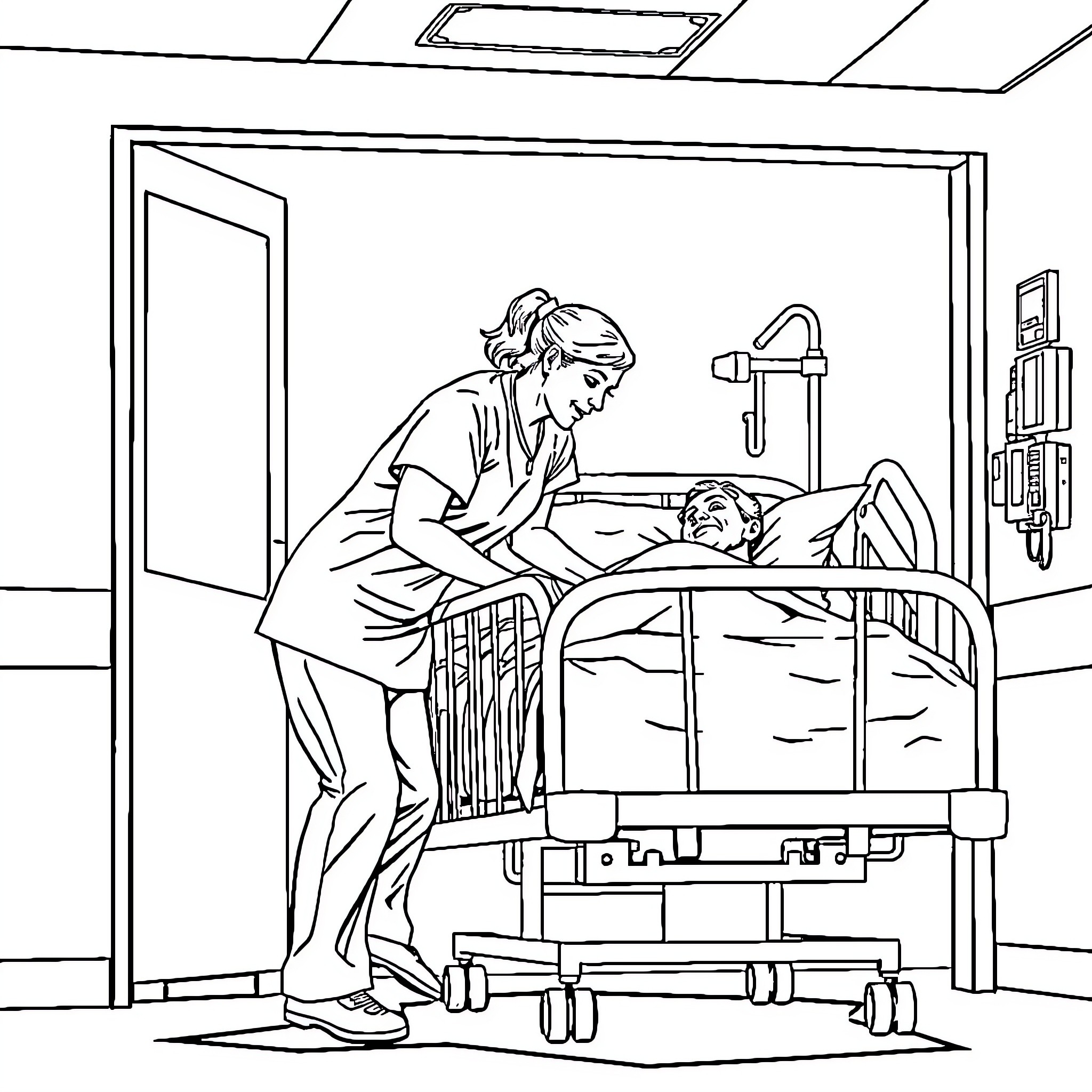 Nurse caring for a patient in a hospital room Coloring Page (free black-and-white line drawing printable PDF for all, from beginners to advanced learners, including children, teens, adults, and seniors)
