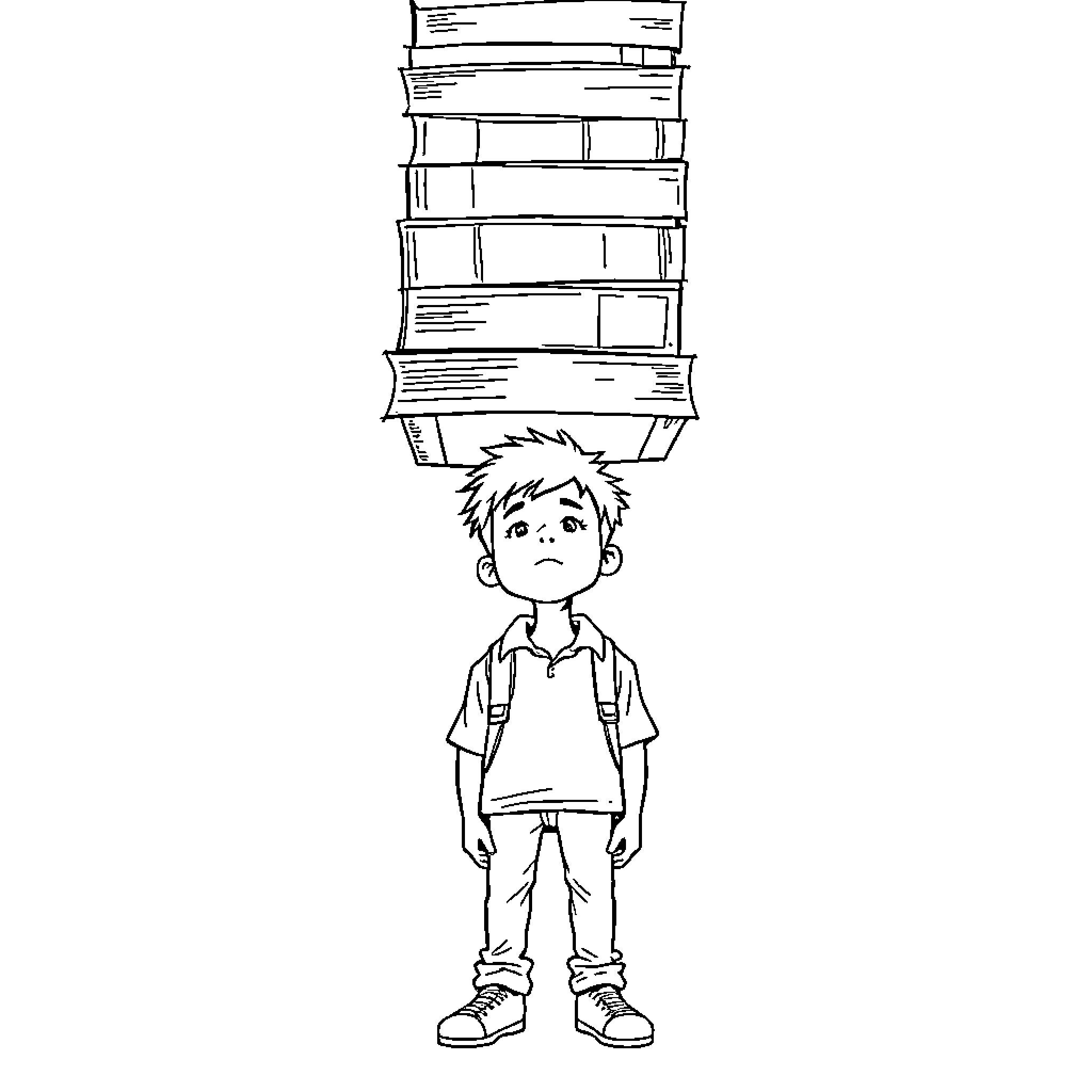 Student carrying heavy stack of books Coloring Page (free black-and-white line drawing printable PDF for all, from beginners to advanced learners, including children, teens, adults, and seniors)