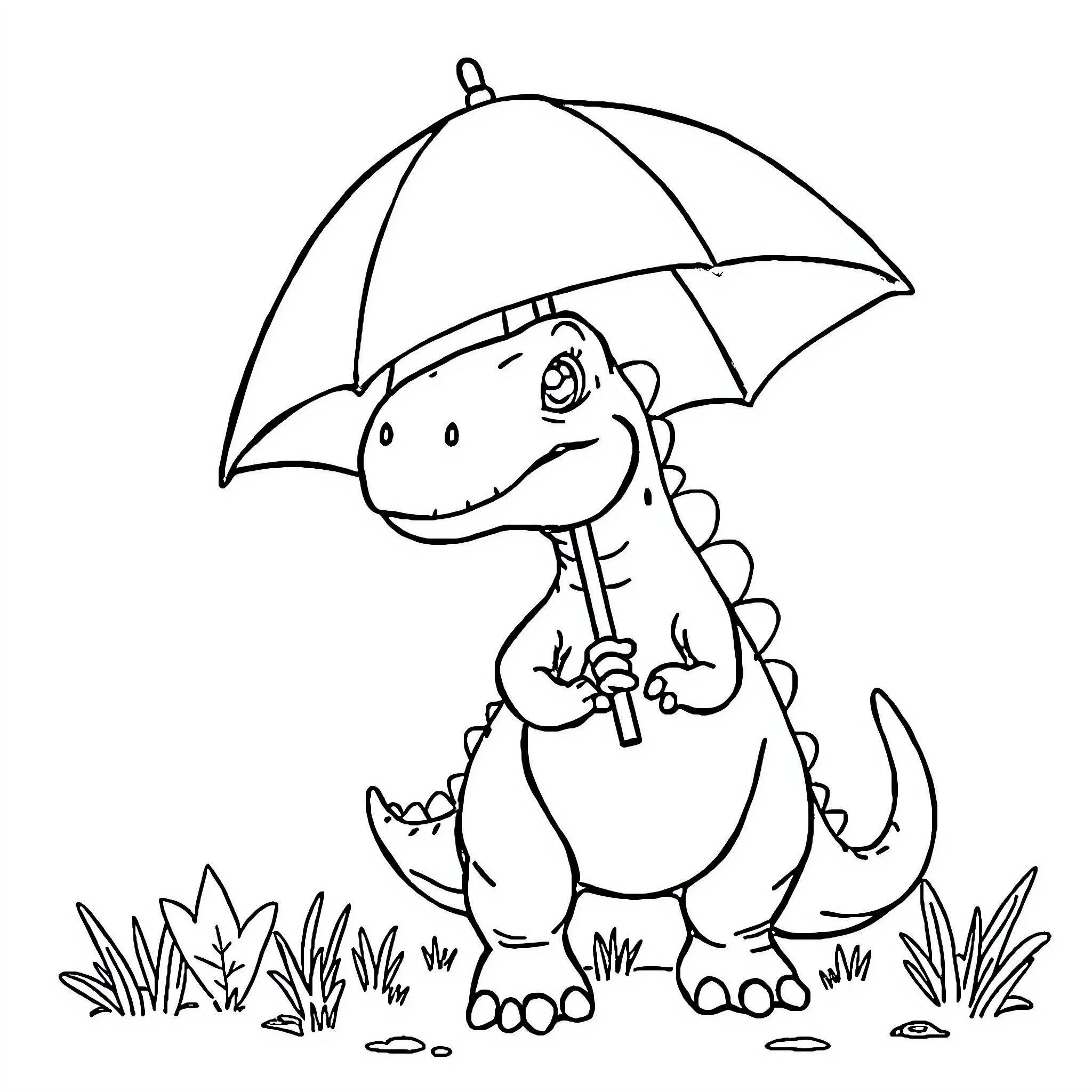 Dinosaur with umbrella enjoying the outdoors Coloring Page (free black-and-white line drawing printable PDF for all, from beginners to advanced learners, including children, teens, adults, and seniors)