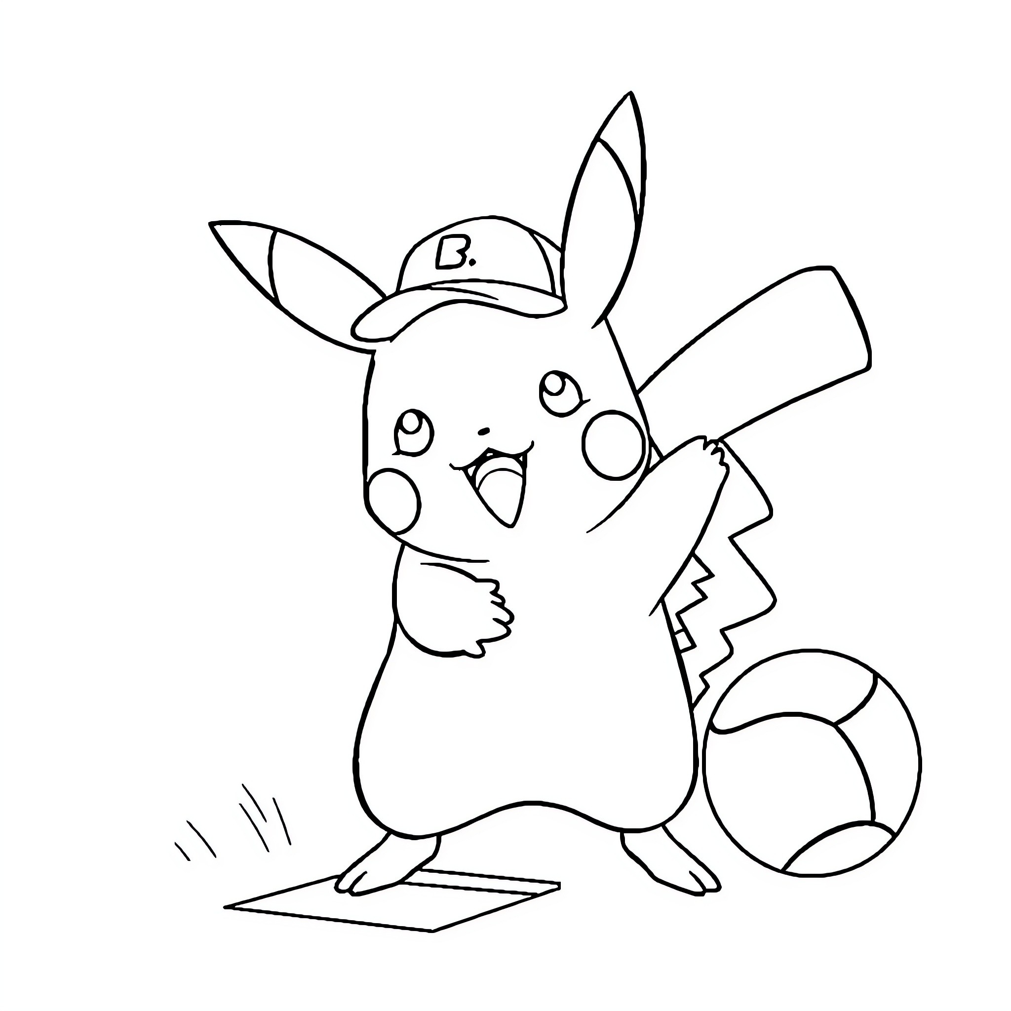 Pikachu playing baseball with a ball Coloring Page (free black-and-white line drawing printable PDF for all, from beginners to advanced learners, including children, teens, adults, and seniors)