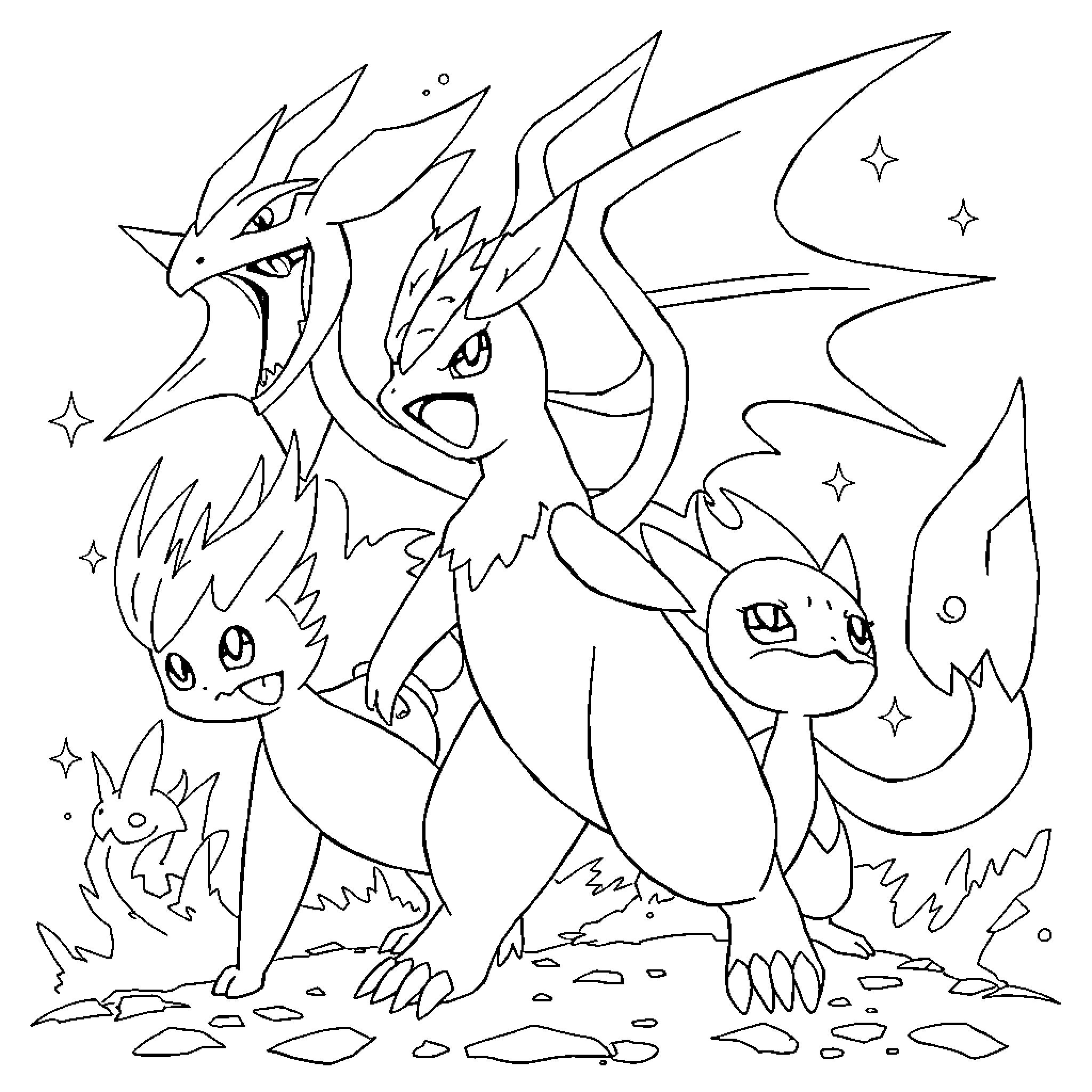 Pokémon characters engaged in action and expression Coloring Page (free black-and-white line drawing printable PDF for all, from beginners to advanced learners, including children, teens, adults, and seniors)