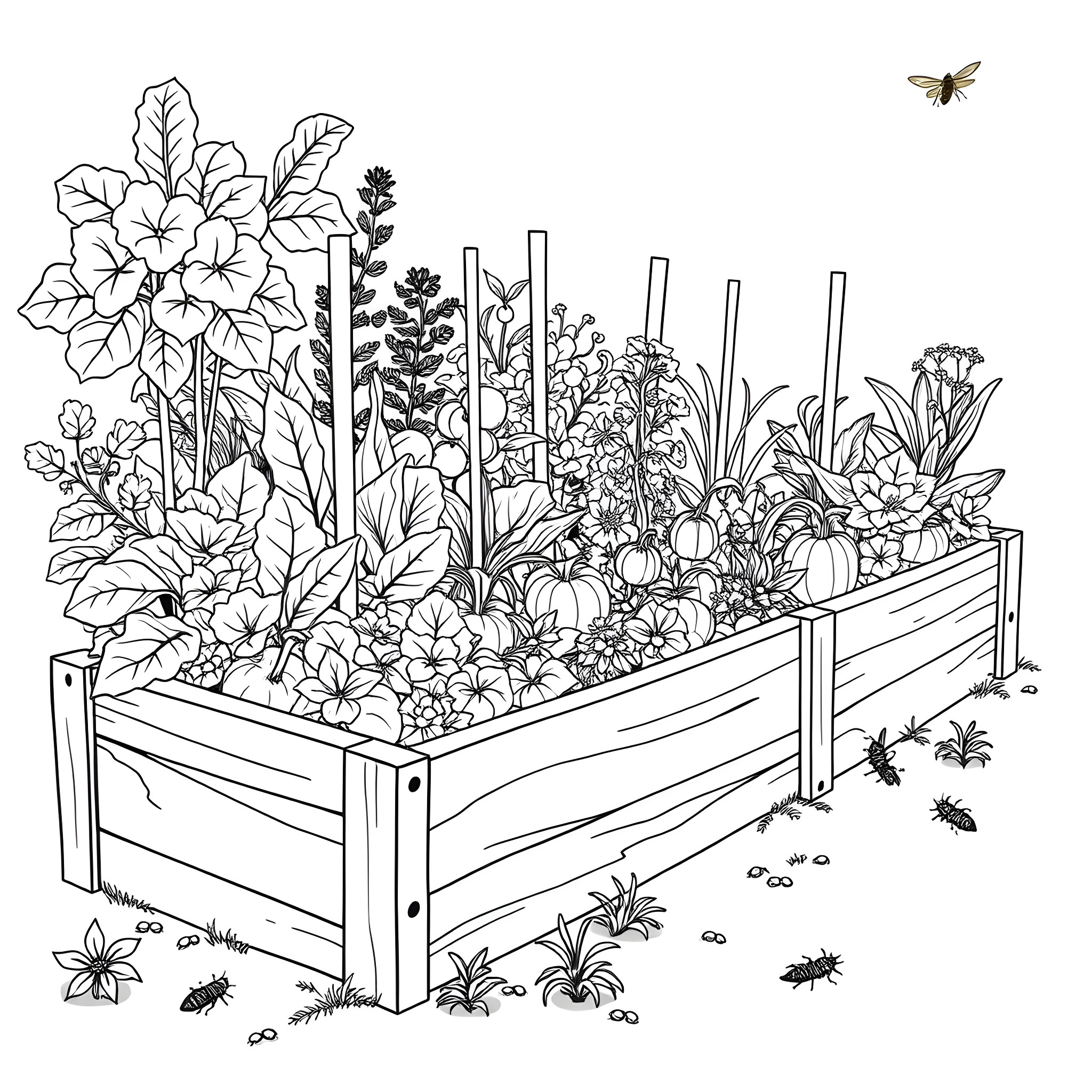 Vegetable Garden of Flowers and Plants Coloring Page (free black-and-white line drawing printable PDF for all, from beginners to advanced learners, including children, teens, adults, and seniors)