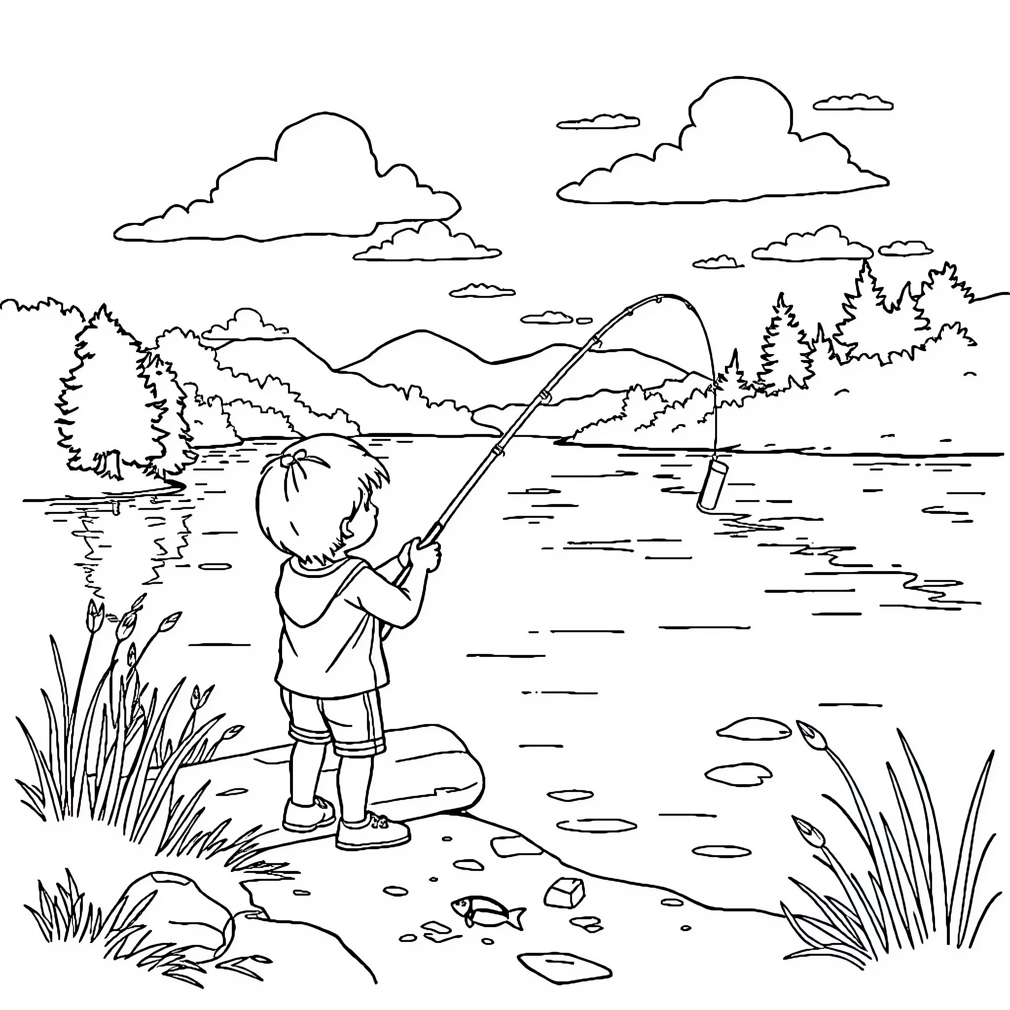 Child fishing by the lake surrounded by nature Coloring Page (free black-and-white line drawing printable PDF for all, from beginners to advanced learners, including children, teens, adults, and seniors)