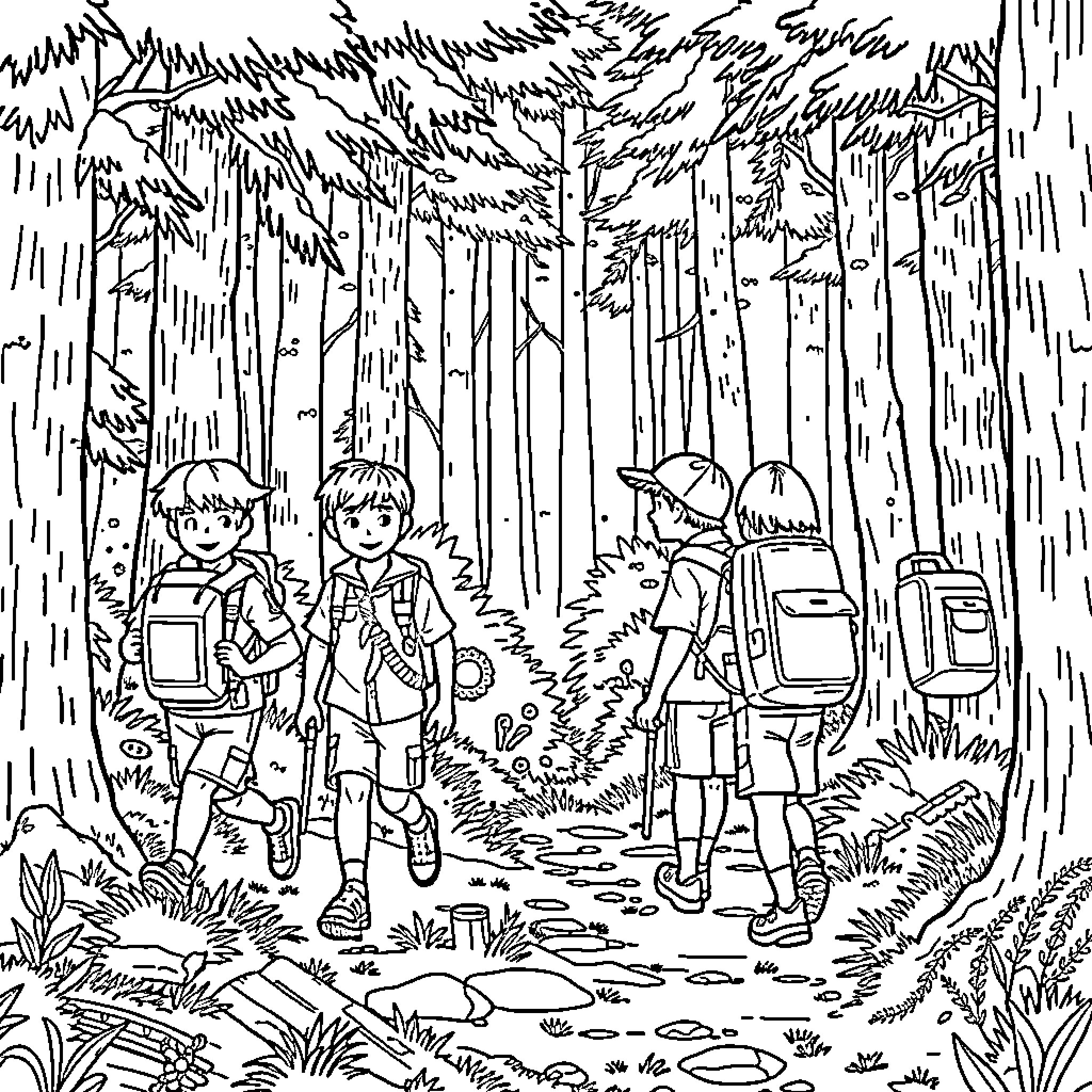 Cub Scouts hiking in the woods Coloring Page (free black-and-white line drawing printable PDF for all, from beginners to advanced learners, including children, teens, adults, and seniors)