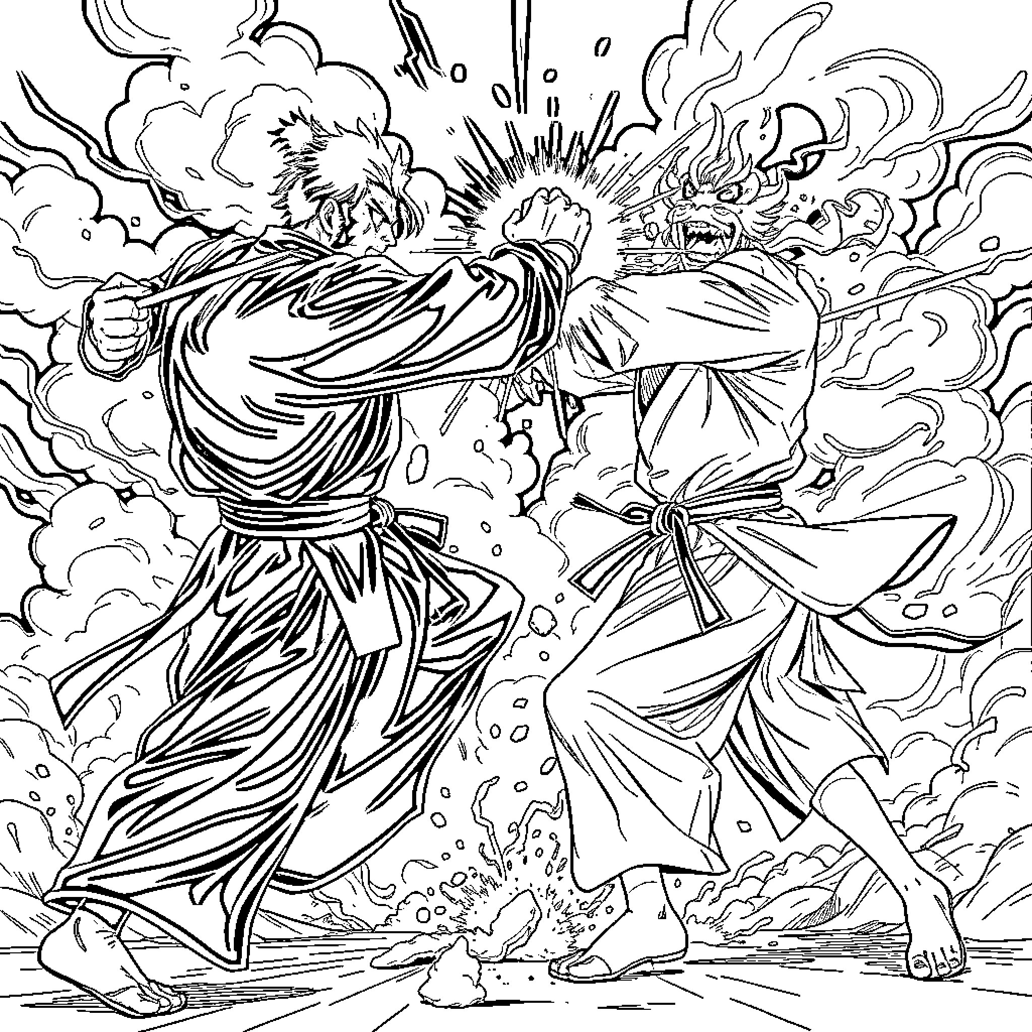 Akaza's Fiery Clash of Demonic Ferocity Coloring Page (free black-and-white line drawing printable PDF for all, from beginners to advanced learners, including children, teens, adults, and seniors)