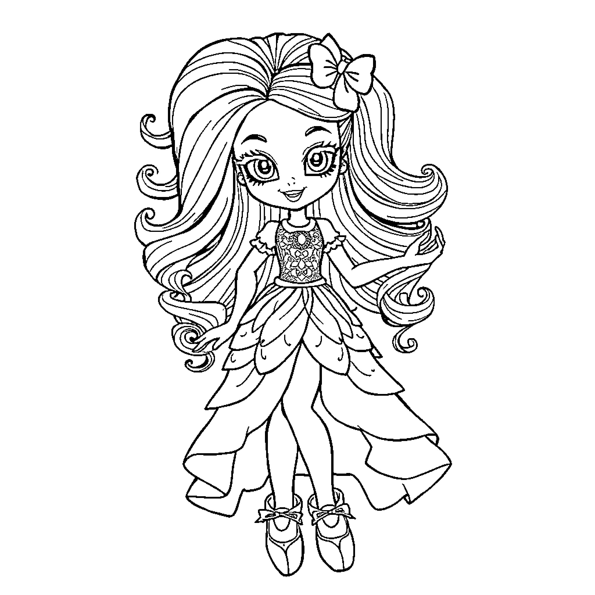 Rainbow Whimsical Girl in Fancy Dress Coloring Page (free black-and-white line drawing printable PDF for all, from beginners to advanced learners, including children, teens, adults, and seniors)