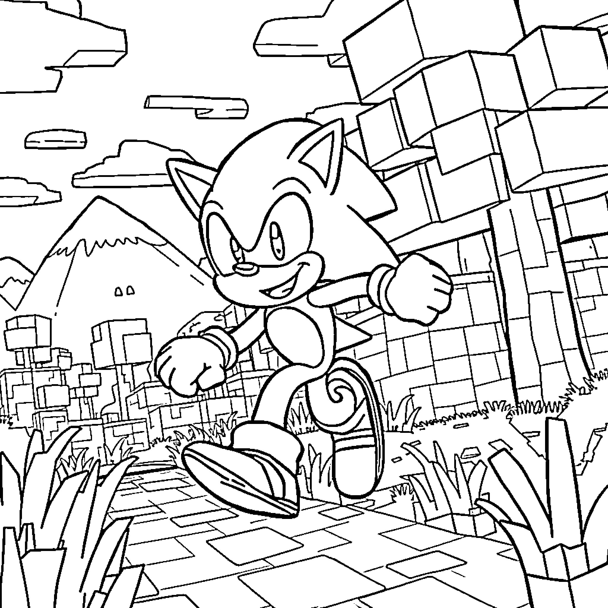 Sonic's Energetic City Adventure Coloring Page (free black-and-white line drawing printable PDF for all, from beginners to advanced learners, including children, teens, adults, and seniors)