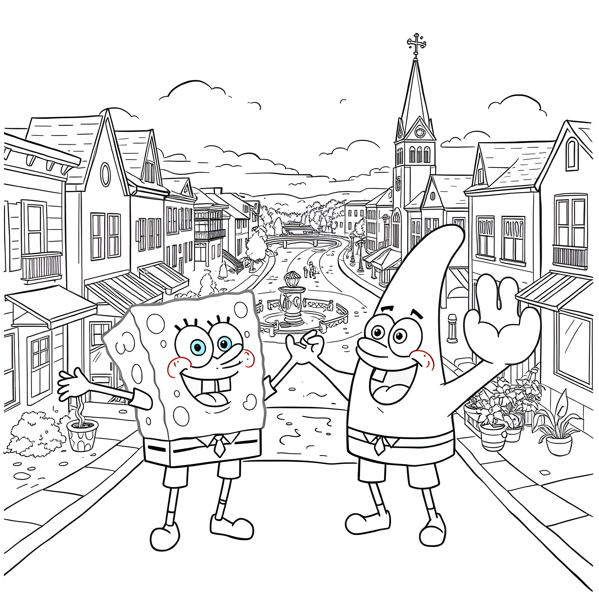 Spongebob and Patrick Explore a Charming Town Coloring Page (free black-and-white line drawing printable PDF for all, from beginners to advanced learners, including children, teens, adults, and seniors)