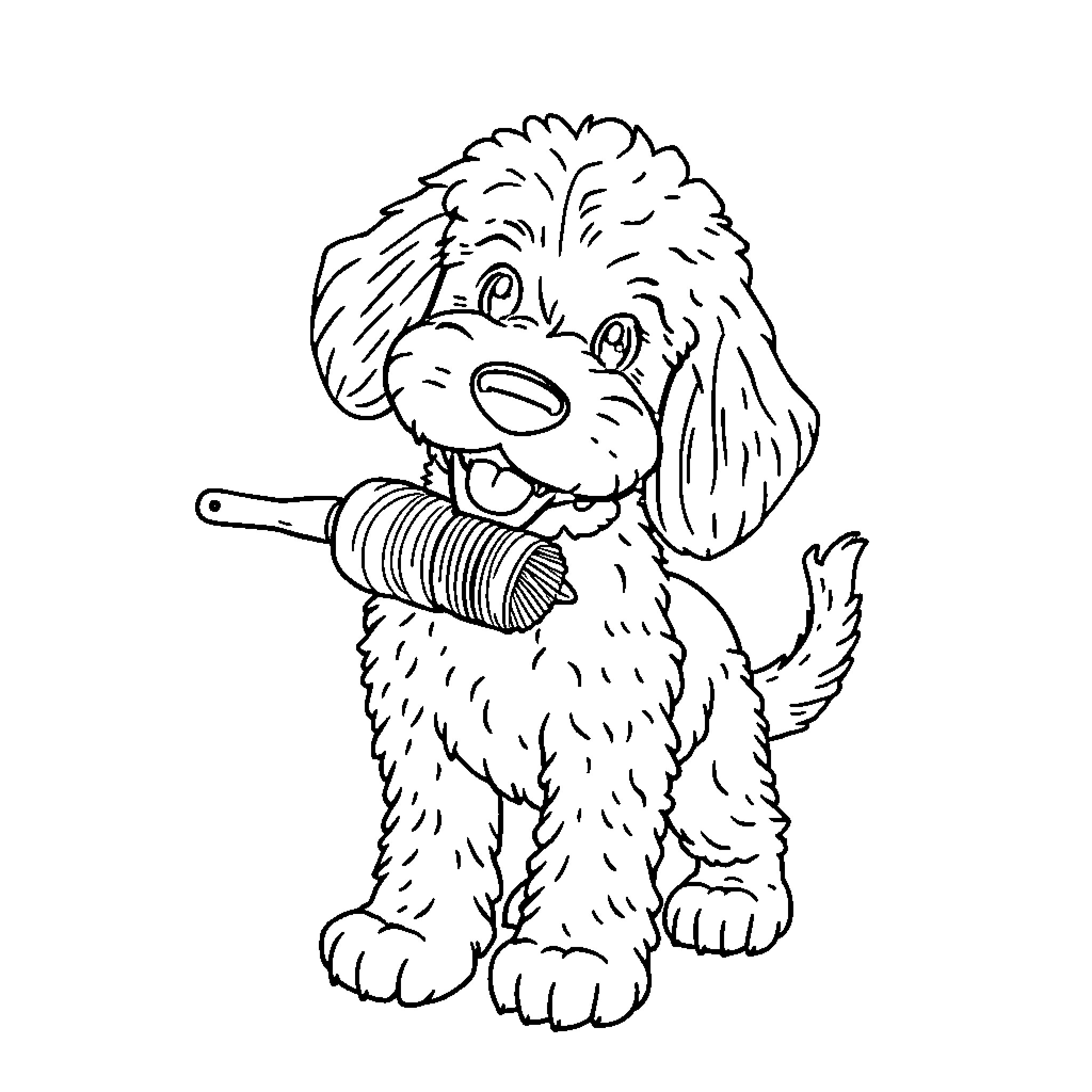 Goldendoodle puppy playing with a chew toy Coloring Page (free black-and-white line drawing printable PDF for all, from beginners to advanced learners, including children, teens, adults, and seniors)