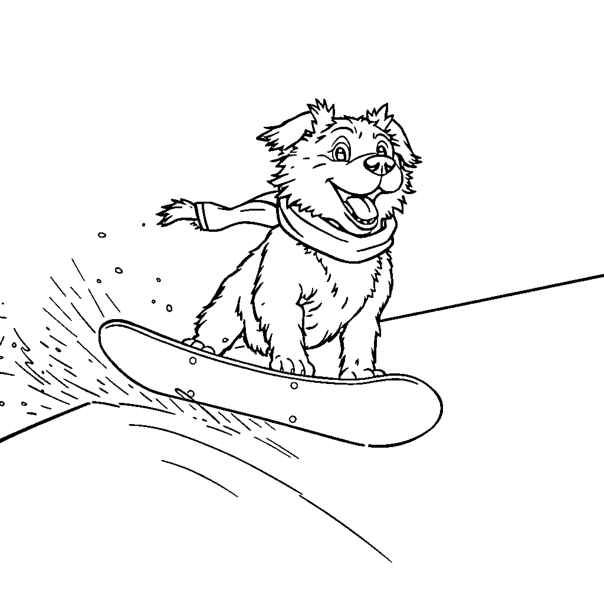 Dog riding a snowboard with excitement Coloring Page (free black-and-white line drawing printable PDF for all, from beginners to advanced learners, including children, teens, adults, and seniors)