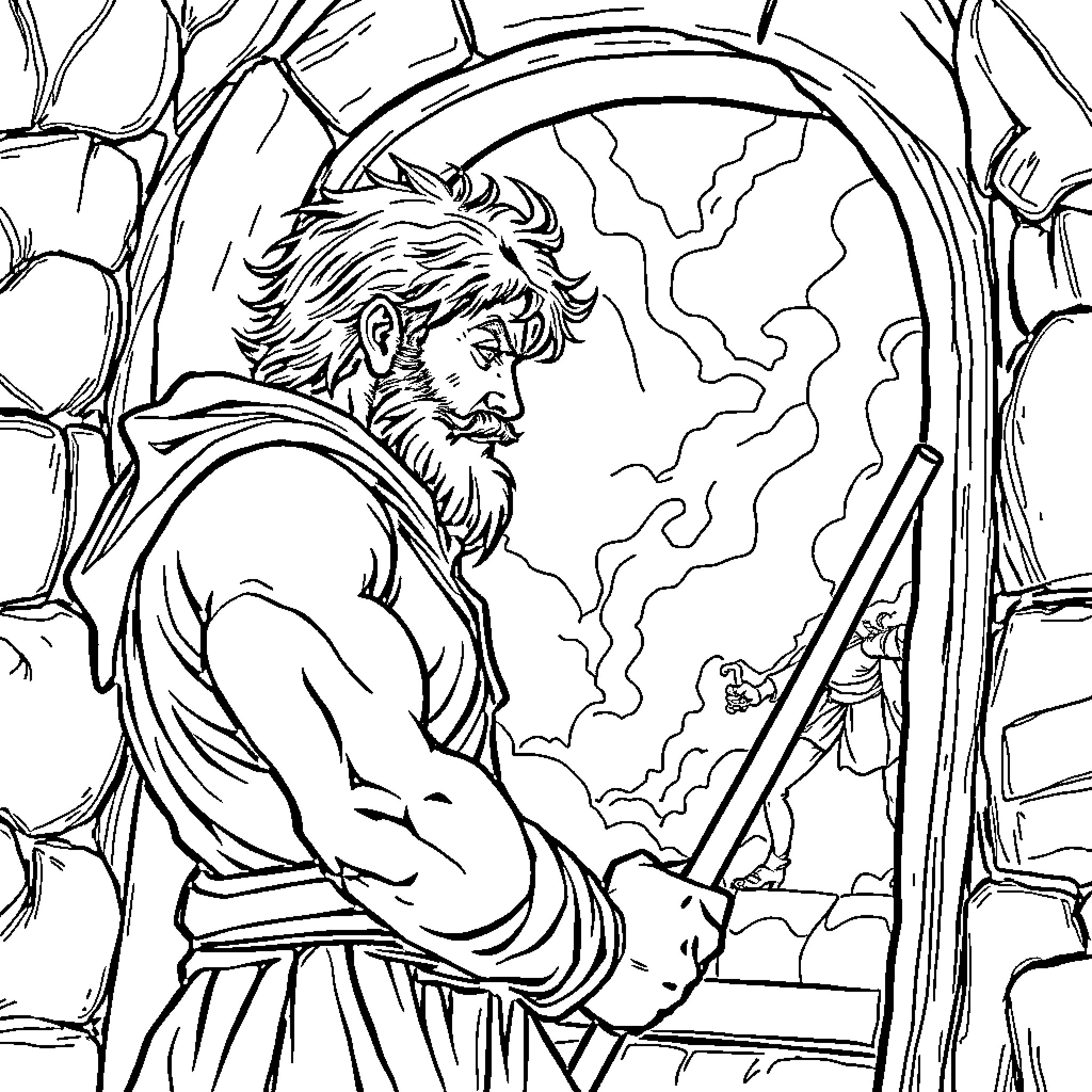 Uomo wielding sword in dramatic battle scene Coloring Page (free black-and-white line drawing printable PDF for all, from beginners to advanced learners, including children, teens, adults, and seniors)