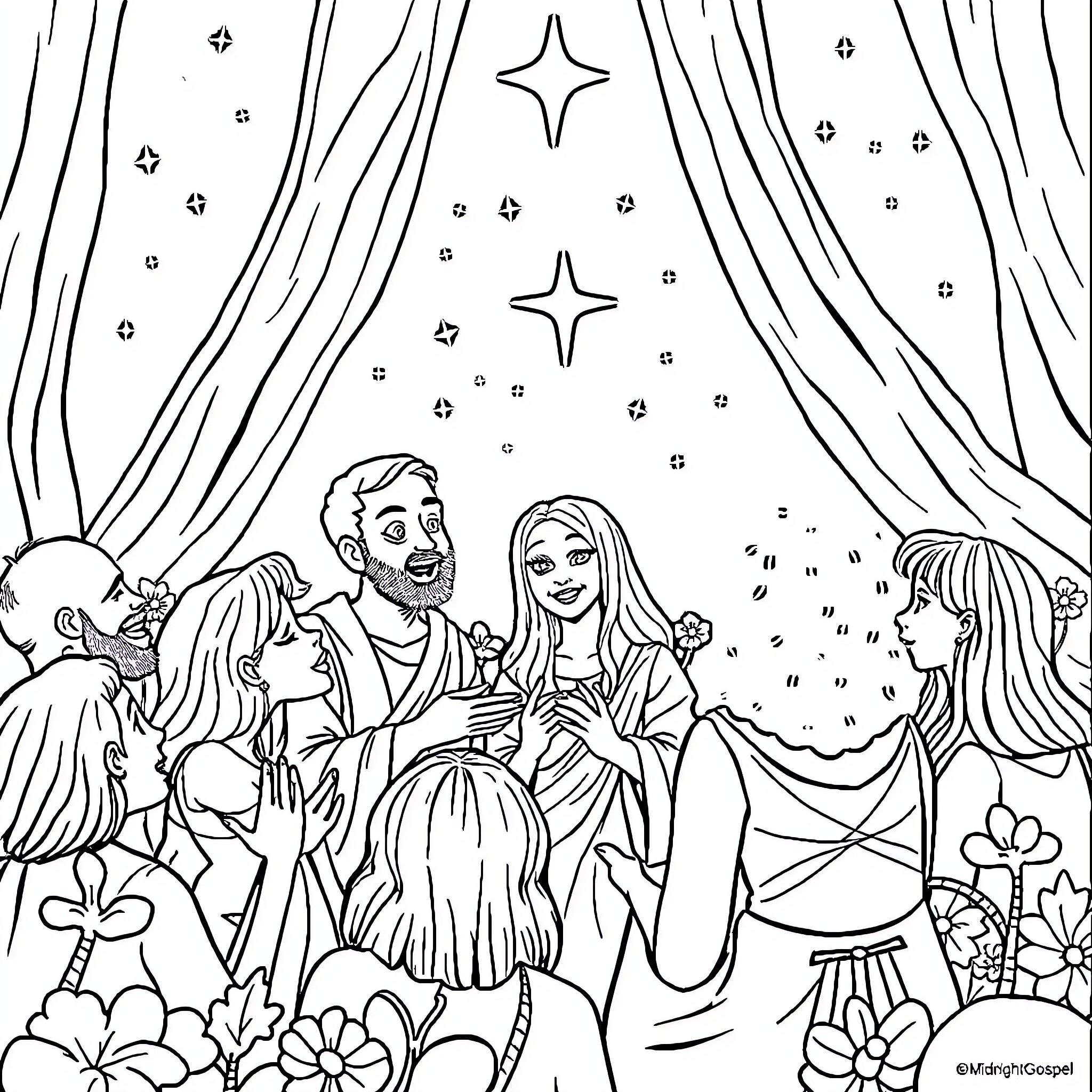The Midnight Gospel: Gathering of Diverse Individuals Coloring Page (free black-and-white line drawing printable PDF for all, from beginners to advanced learners, including children, teens, adults, and seniors)