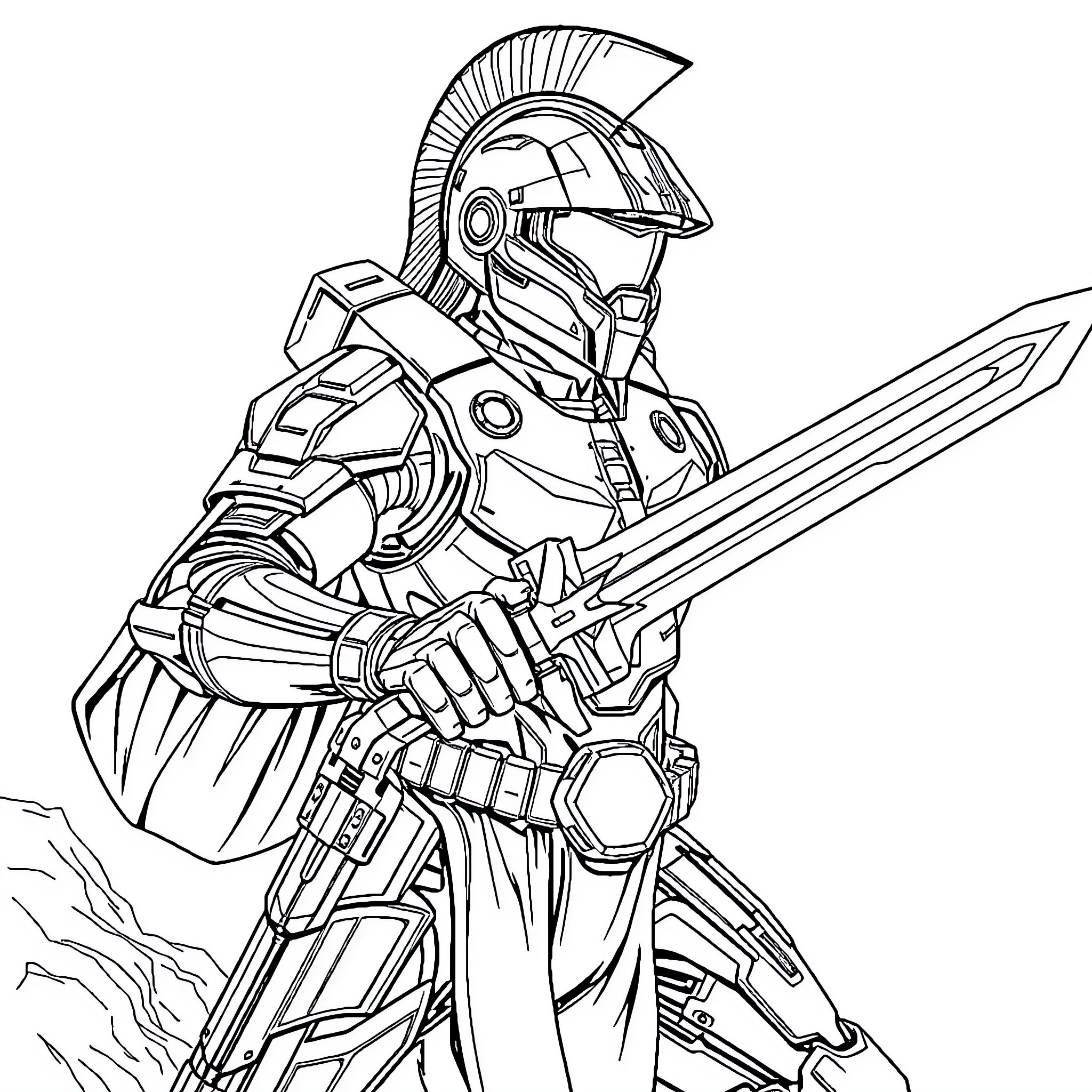 Halo Spartan warrior in battle stance Coloring Page (free black-and-white line drawing printable PDF for all, from beginners to advanced learners, including children, teens, adults, and seniors)
